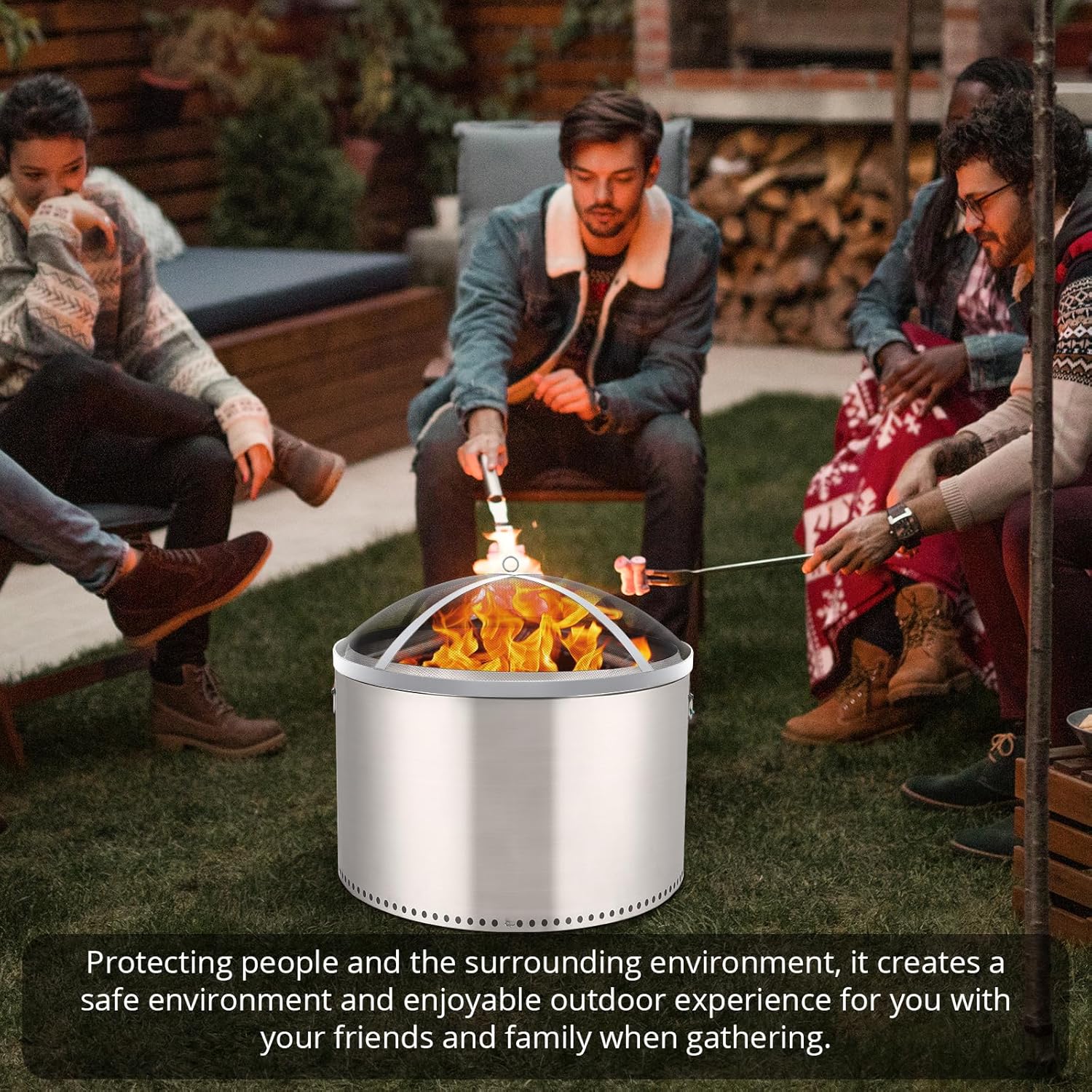 GarveeLife Fire Pit Spark Screen Cover for Campfires - Easy Lift Stainless Steel, Mesh Protector, Guide Rod Included, Outdoor Patio & Backyard Accessory, Silver，18 * 18 * 5 in