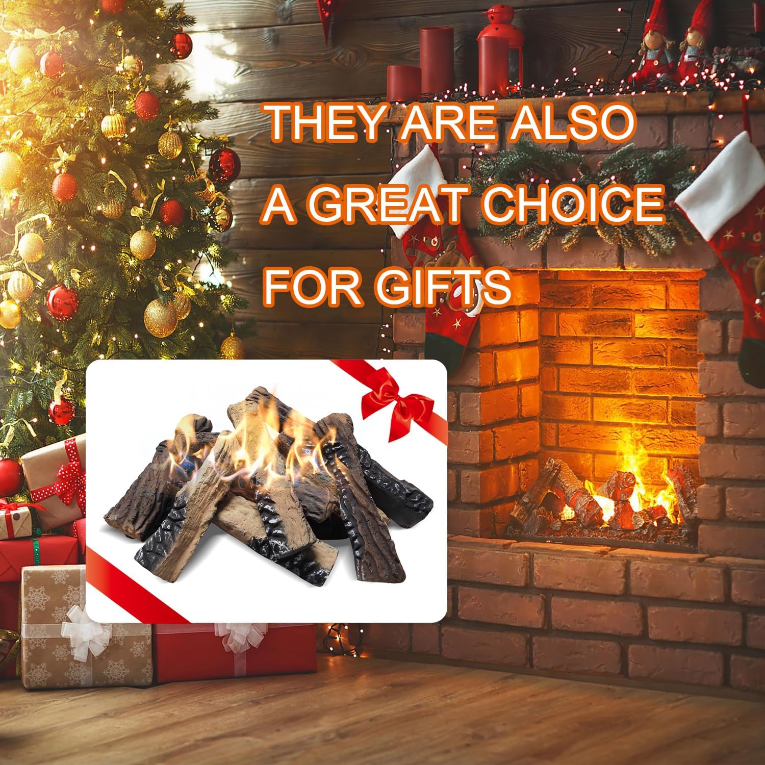 Skypatio 10-Piece Gas Fireplace Logs Set, Heat Resistant Realistic Ceramic Wood Logs for Indoor or Outdoor Fireplace, Fire Pit Decor, Lightweight & Portable