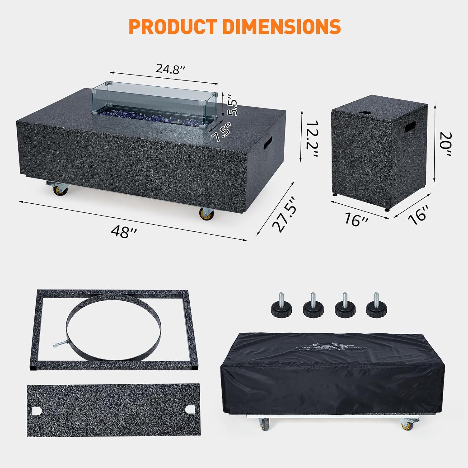 48 inch Propane Fire Pit Table, 50,000 BTU Outdoor Patio Heater with 16 in Side Table, Blue Fire Glass, Wind Guard & Rain Cover, Steel Firepit for Deck, Garden, Backyard, Brown