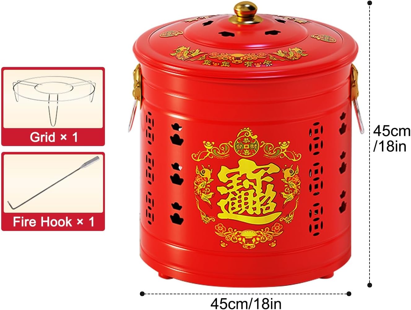 Burn Cage, Burn Barrels for Outside for Burning Trash, Outdoor Fire Pit with Lid and Handle, Metal Fire Pit for Yard Waste(45cm/18in)