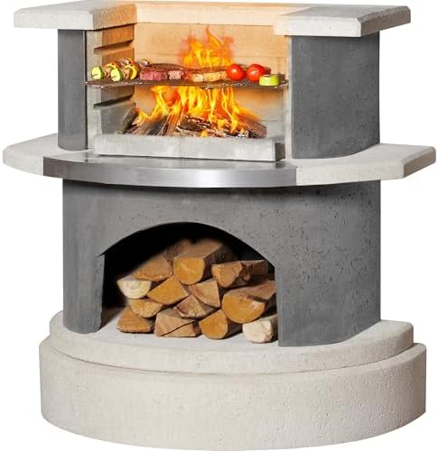 Concrete Outdoor Fireplace with Grill, Wood Burning Fireplace with Wood Storage and Chimney, Include Grill Rack & Charcoal Pan, 36.6