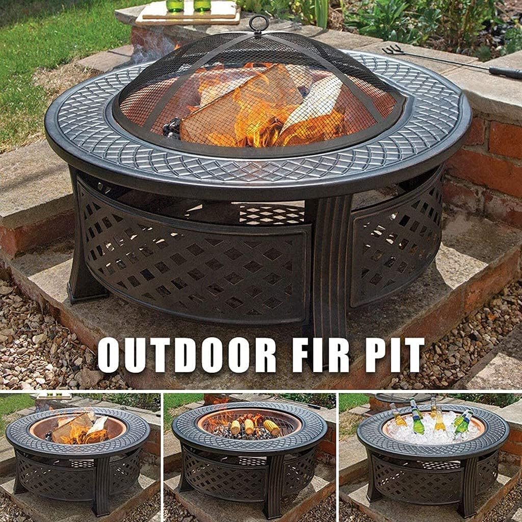 Outdoor fire Pit Bowl with Spark Screen, Firepits and Firebowls with Lid BBQ Grill Tripod Guard and Cover Round Large Patio Heater, Fire Pits Bowls for Garden Table Wood Burning Cast Iron