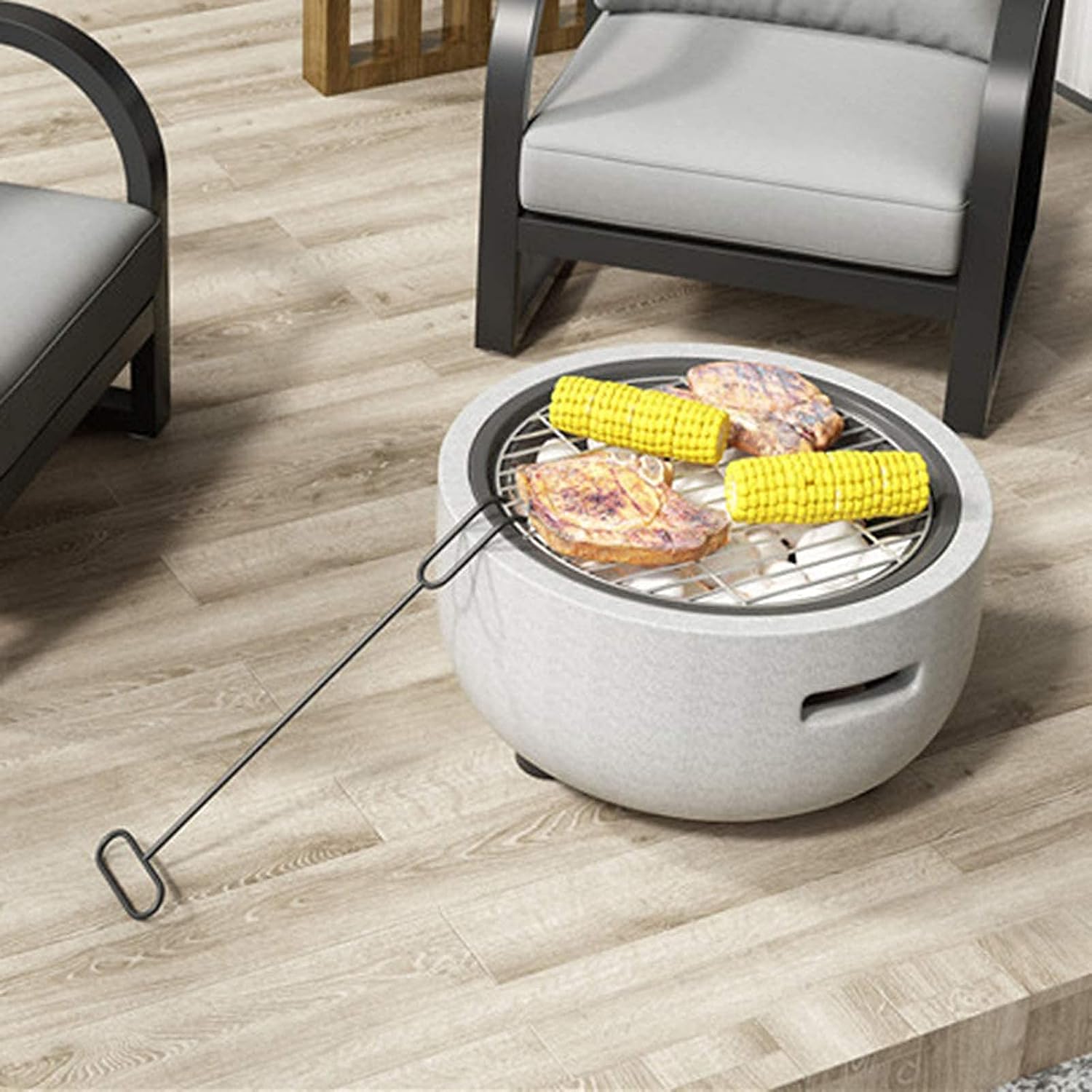 Fire Pit Outdoor Barbecue Grill,Fire Pit with BBQ Grill Shelf, Garden Patio Heater Charcoal Log Wood Burner Fire Bowl with an Edging of Artificial