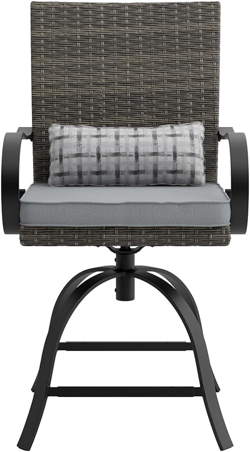 Greemotion USA Arosa Outdoor Bistro Set 3-Piece Bar Height Fire Pit Brown Wicker Rattan with Swivel Chairs and 50000 BTU Gas Firepit Table Flame Box Backyard Garden Patio, Gray and Black