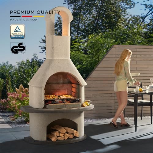 Concrete Outdoor Fireplace with Grill, Wood Burning Fireplace with Wood Storage and Chimney, Include Grill Rack & Charcoal Pan, 79.9”H