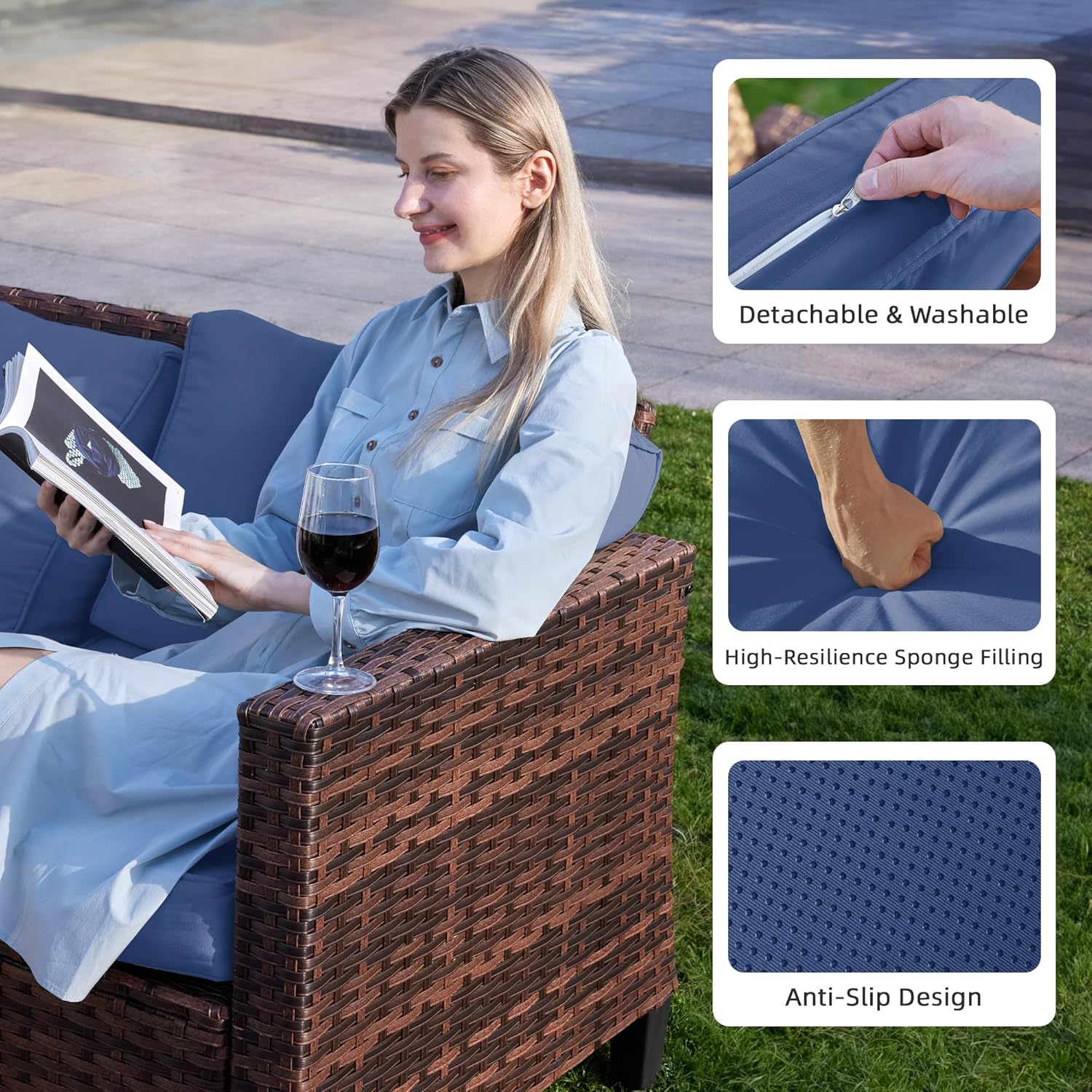 UDPATIO Patio Furniture Set with Fire Pit Table and Swivel Rocking Chairs, 6 Pieces Outdoor Wicker Furniture Set with Waterproof Cover, 4'' Thickened Cushion, Navy