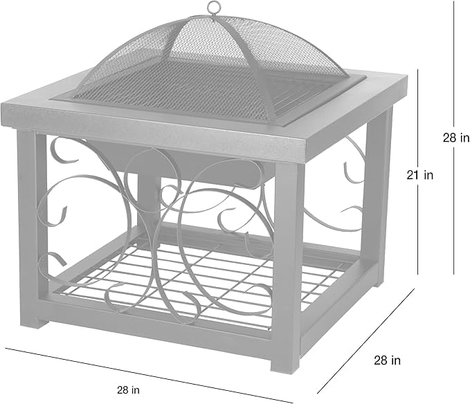 Fire Pit Cocktail Square Table Wood Burning Steel Mesh Spark Screen Wood Grate Screen Lift Steel Firepit with Log Storage Rack - Hammer Tone Bronze Finish