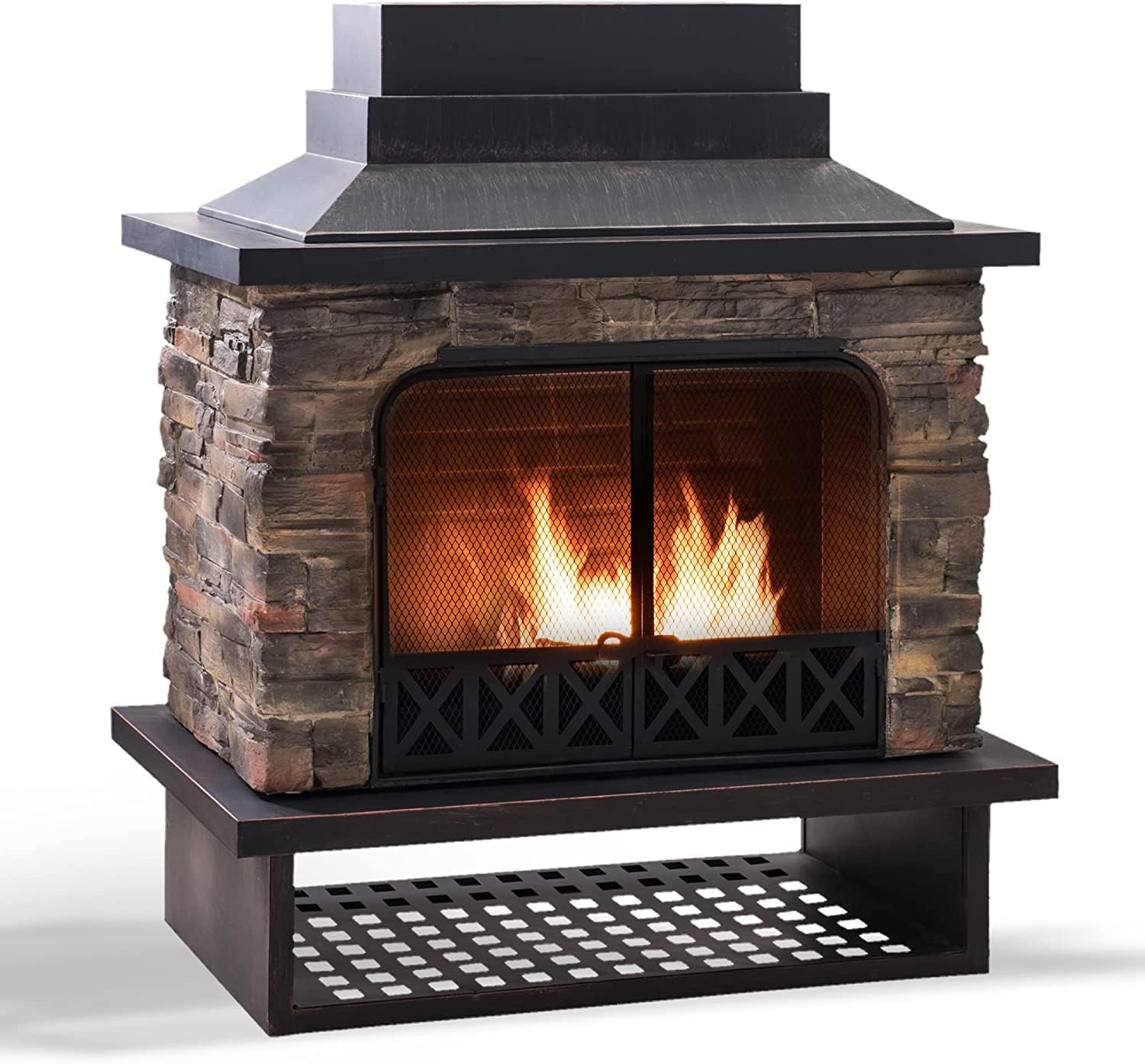 Sunjoy Outdoor Fireplace, Heavy Duty Patio Wood Burning Fireplace with Steel Chimney, Mesh Spark Screen Doors, Removable Grate and Fire Poker, Black