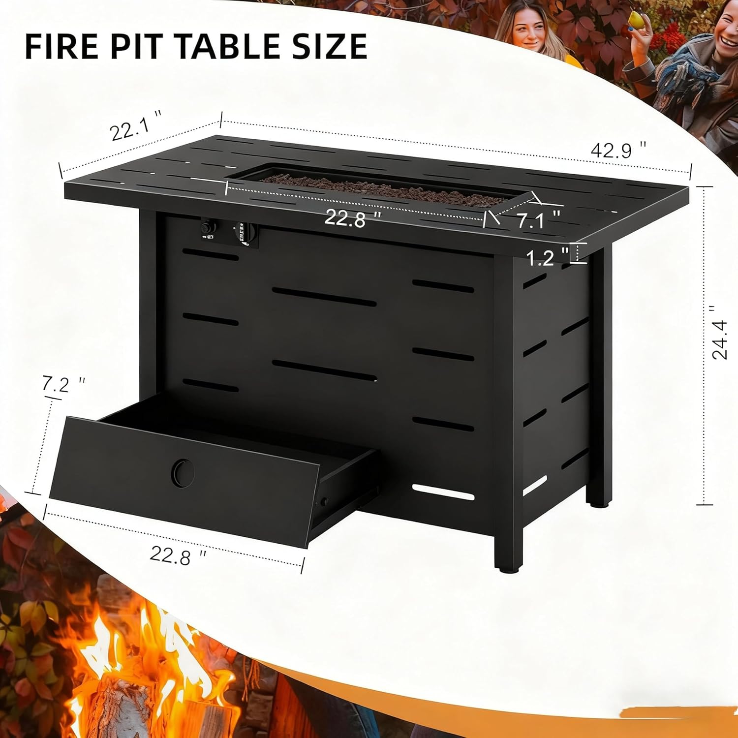 43 Inch Propane Fire Pit Table, 50,000 BTU Steel Gas Fire Pit with Steel Lid & Lava Rocks, 2-in-1 Outdoor Fire Table for Patio, Deck, Garden & Backyard, Black