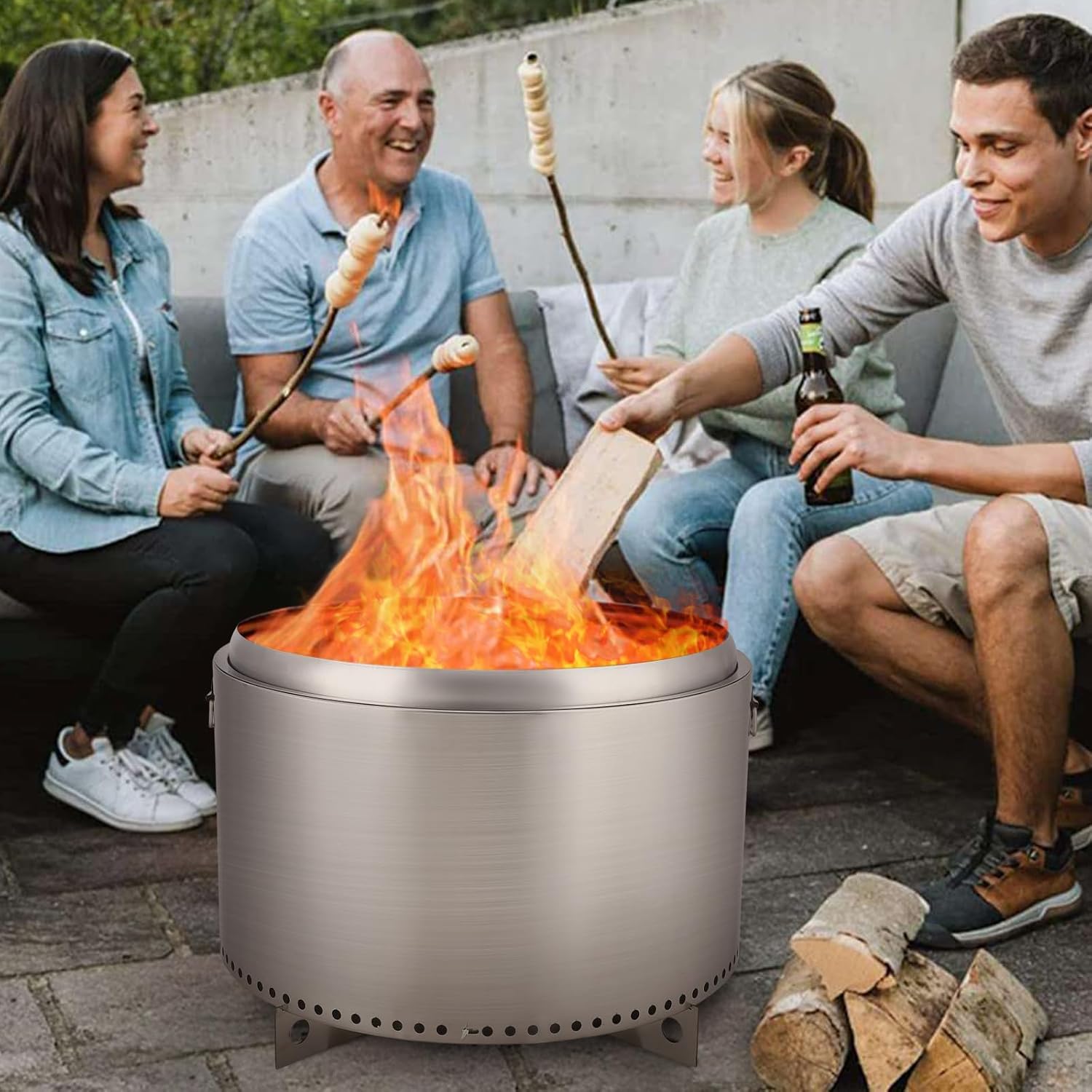 27 Inch Stainless Steel Smokeless Fire Pits Outdoor Fireplaces, Portable Burning Firepits with Handle, Removable Stand and Ash Pan, for Bonfire, Camping, Picnic, Family Gathering and Christmas Party