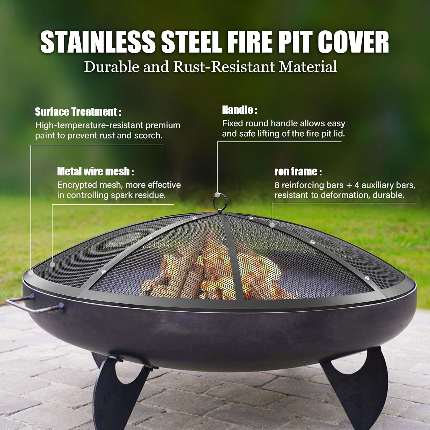 Fire Pit Spark Screen, 40Inch Fire Pit Lid Outdoor with Handle & Poker, Heavy-Duty Mesh Firepit Cove with 12 Reinforced Bars for Backyard/Beach/RV Camping