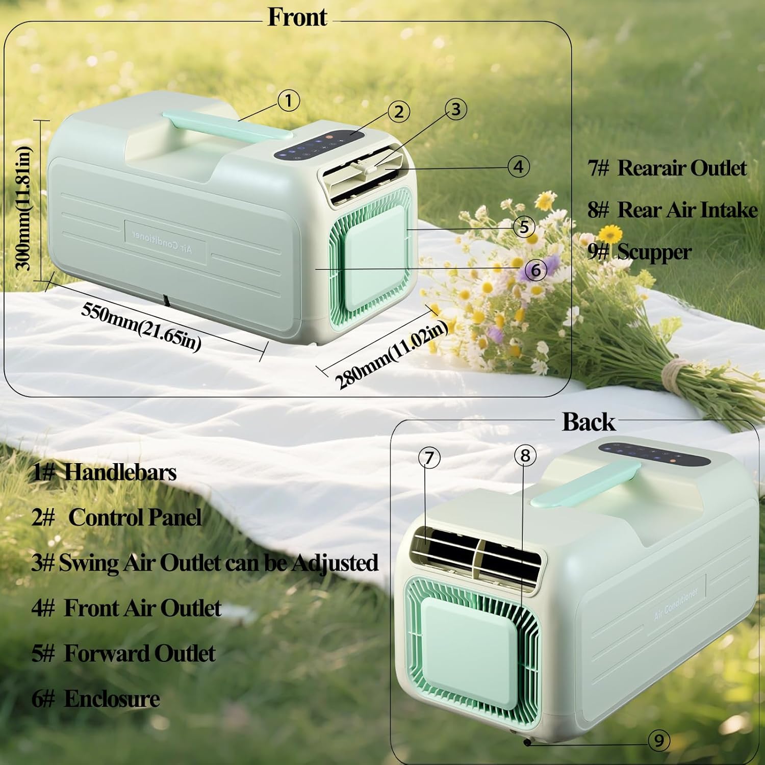 iHooToo Portable Camping Air Conditioner - 110V AC 4800BTU Cooling & 2500BTU Heating, 40-50dB Tent AC for Camping, Remote Control, Cools 86 sq ft, Ideal for Camping, RV, Truck, Small Rooms (Green)