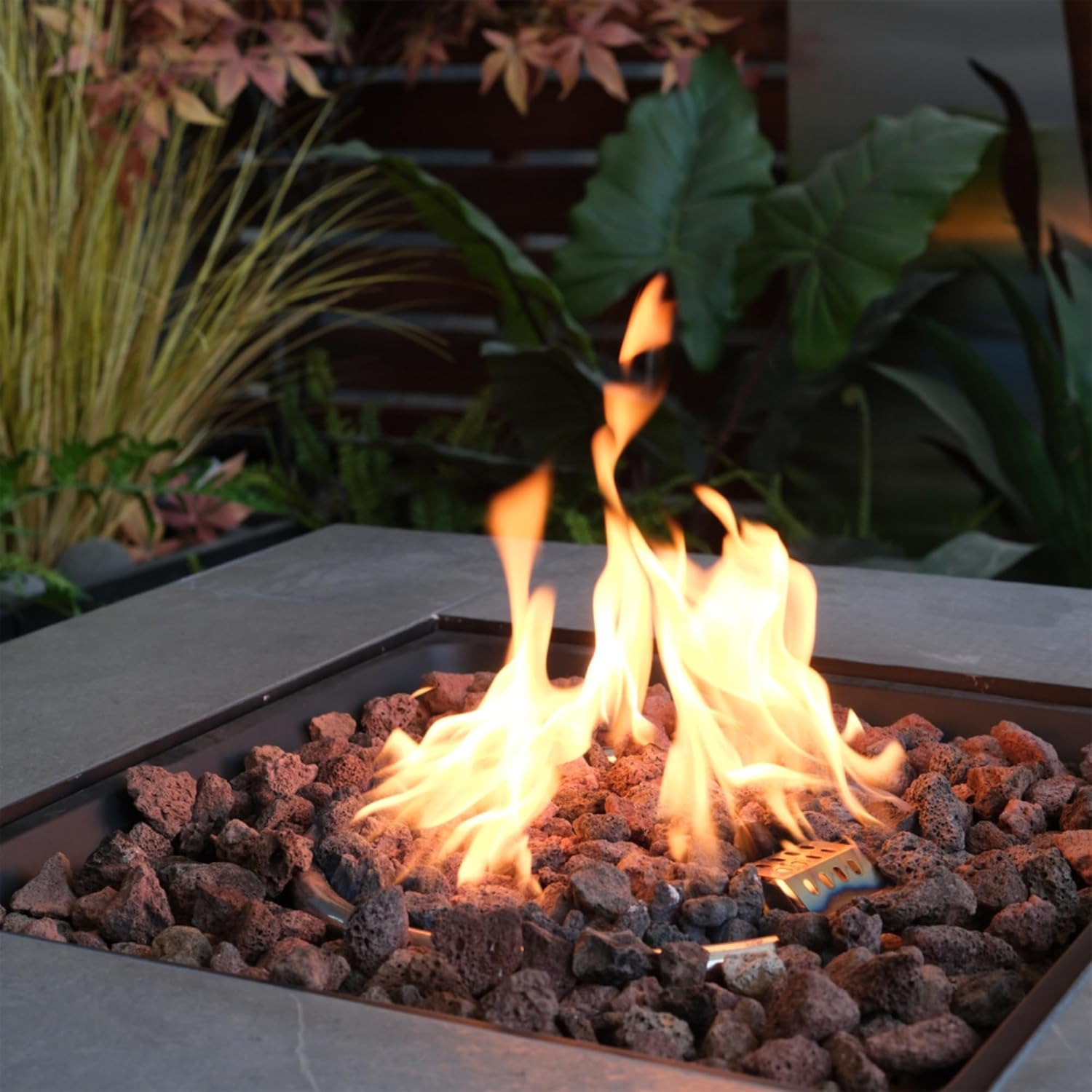 Outdoor Propane Fire Pit Table, Square Stonecrest Gas Fire Pit for Patio, Concrete 50,000 BTU Propane Fire Table with Lava Rocks, Waterproof Cover, Magnesium Oxide Wood Grain Finish