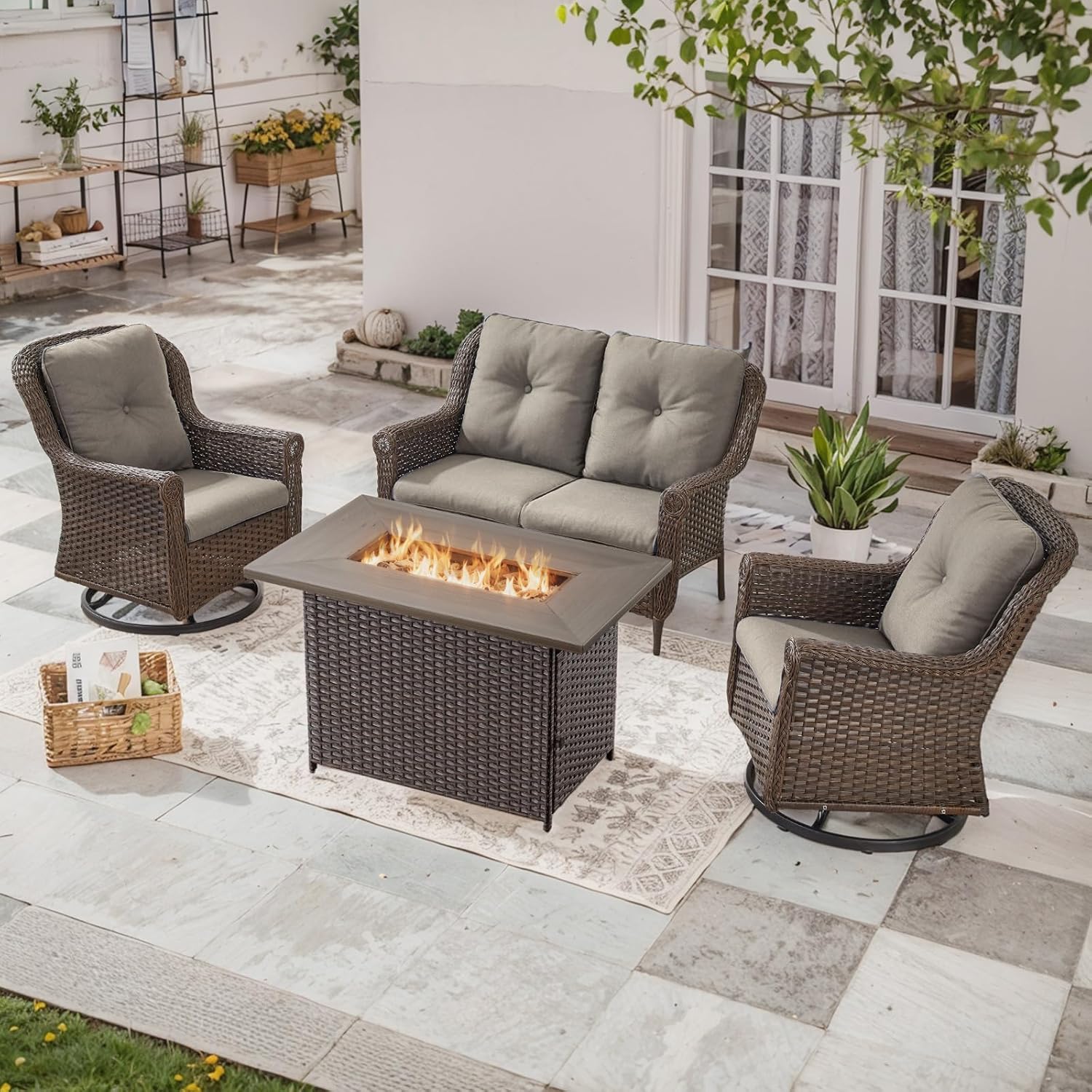Patio Resin Wicker Furniture Set with Fire Pit Table, 4PCS PE Rattan Conversation Set with Outdoor Fire Table, Brown Wicker Swivel Patio Chairs with Loveseat and Propane Fire Table