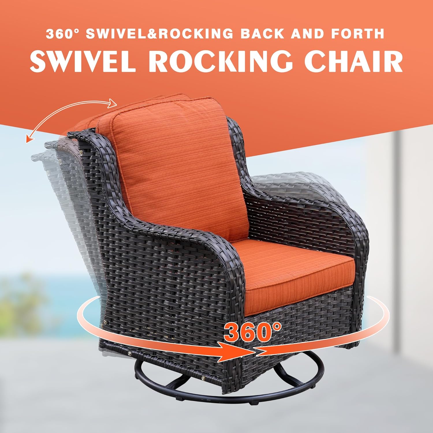 HOOOWOOO Patio Outdoor Furniture Set with Fire Pit Table,6 Piece Wicker Couch Sofa Swivel Chair Set,Weather Resistant Conversation Seating High Back Curve Arm(Orange Red)