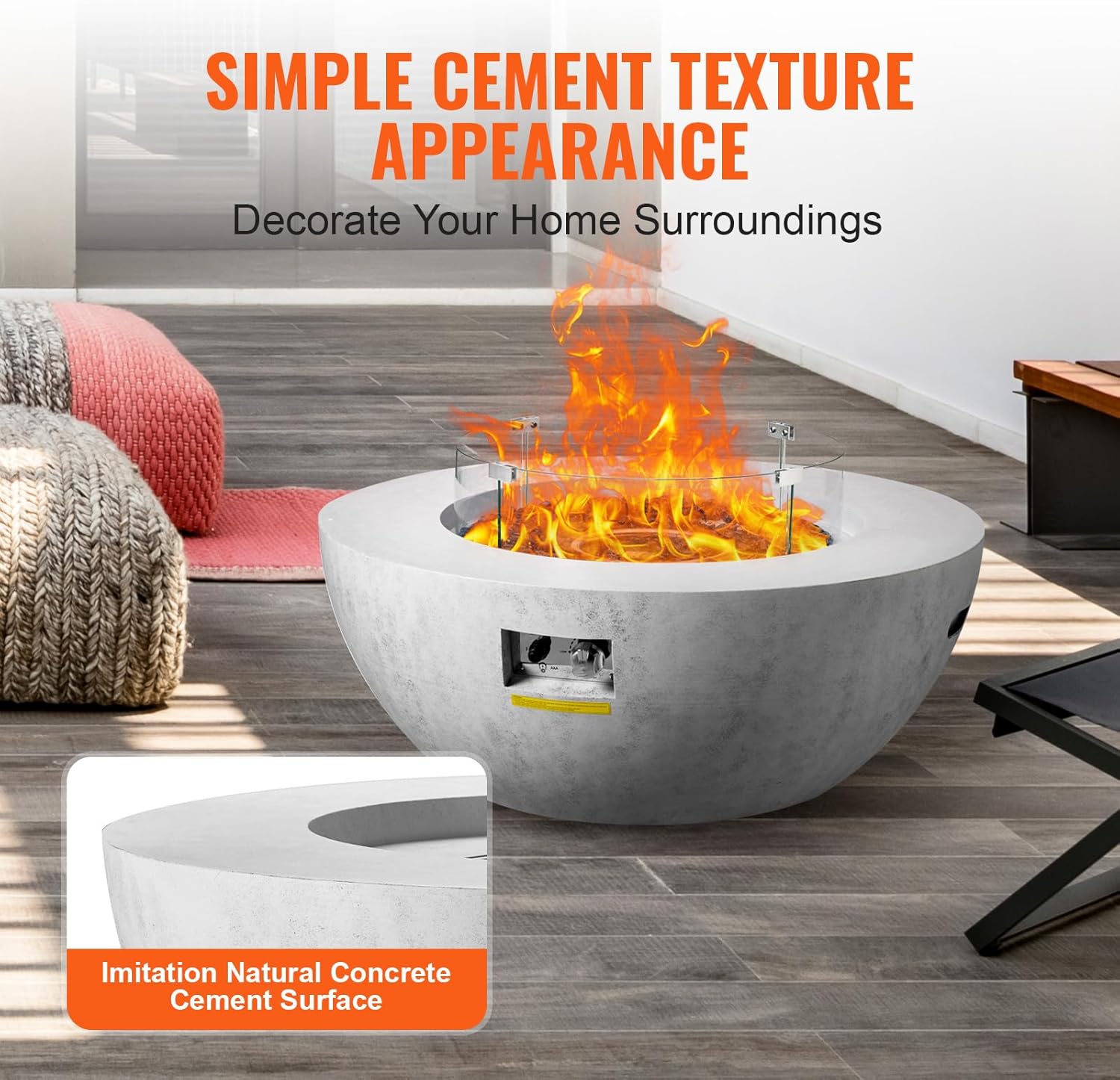 VEVOR Propane Fire Pit, Outdoor Concrete Gas Fire Pit, 39 in Tabletop with Lava Rocks, Lid,Rain Cover,Adjust Flame Height Camping Firepit for Heating, Lighting, 50000 BTU