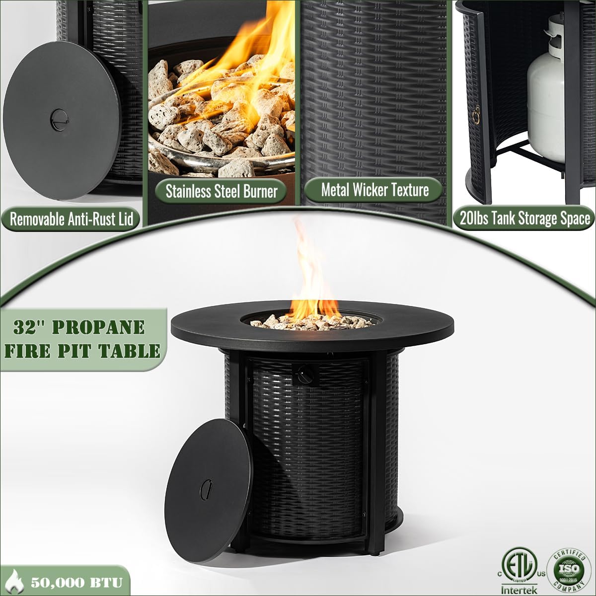 Propane Fire Pit Table, 32” Firepits for Outside, Round Gas Fire Pit for Outside Patio, Propane Fire Table with Steel Lid, Rocks for Patio, 50000BTU, Tank Inside, Tank Not Included, Black