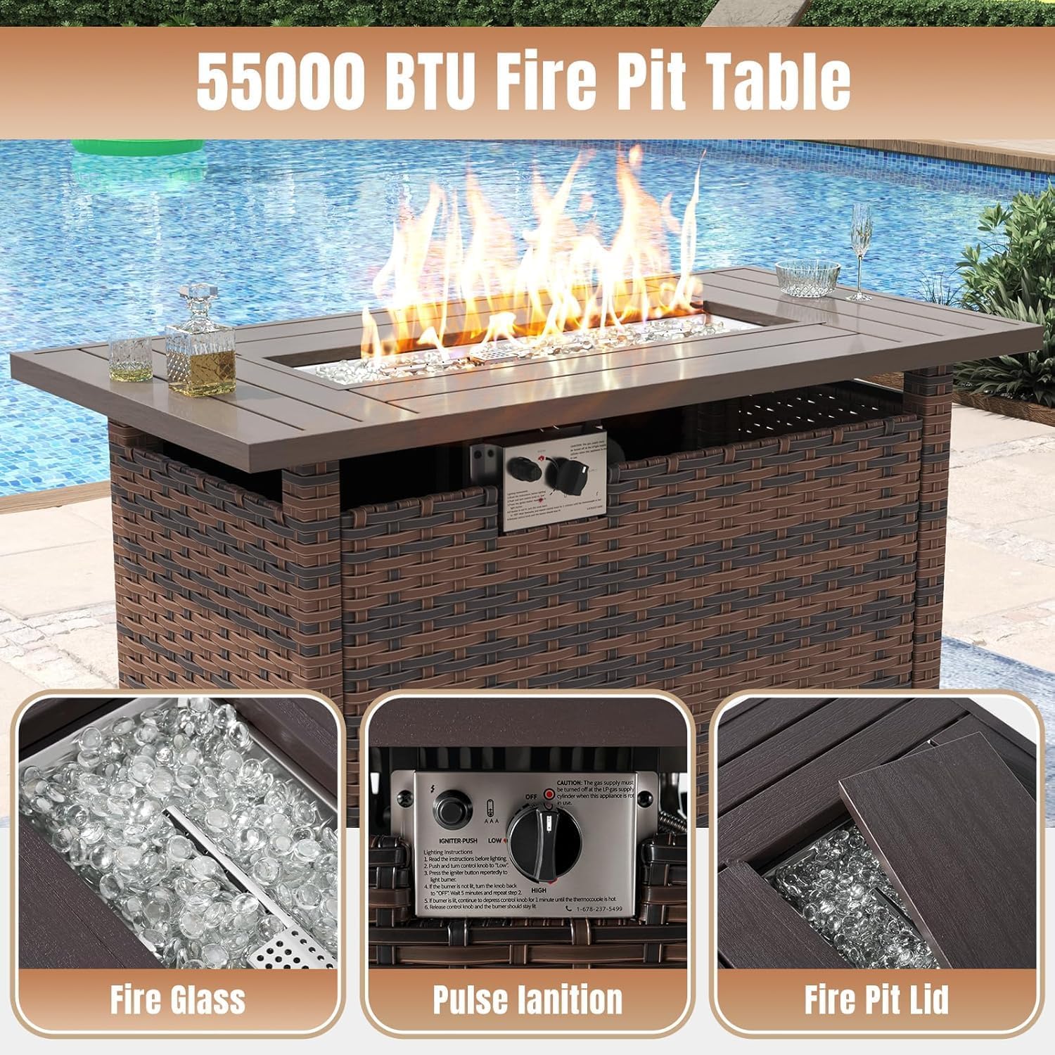Aoxun Outdoor Patio Furniture with Fire Pit Table, 50,000 BTU Wicker Gas Fire Pits with Lid, 44'' Propane Gas Firepit Table for Backyard, Poolside, Garden (Brown)