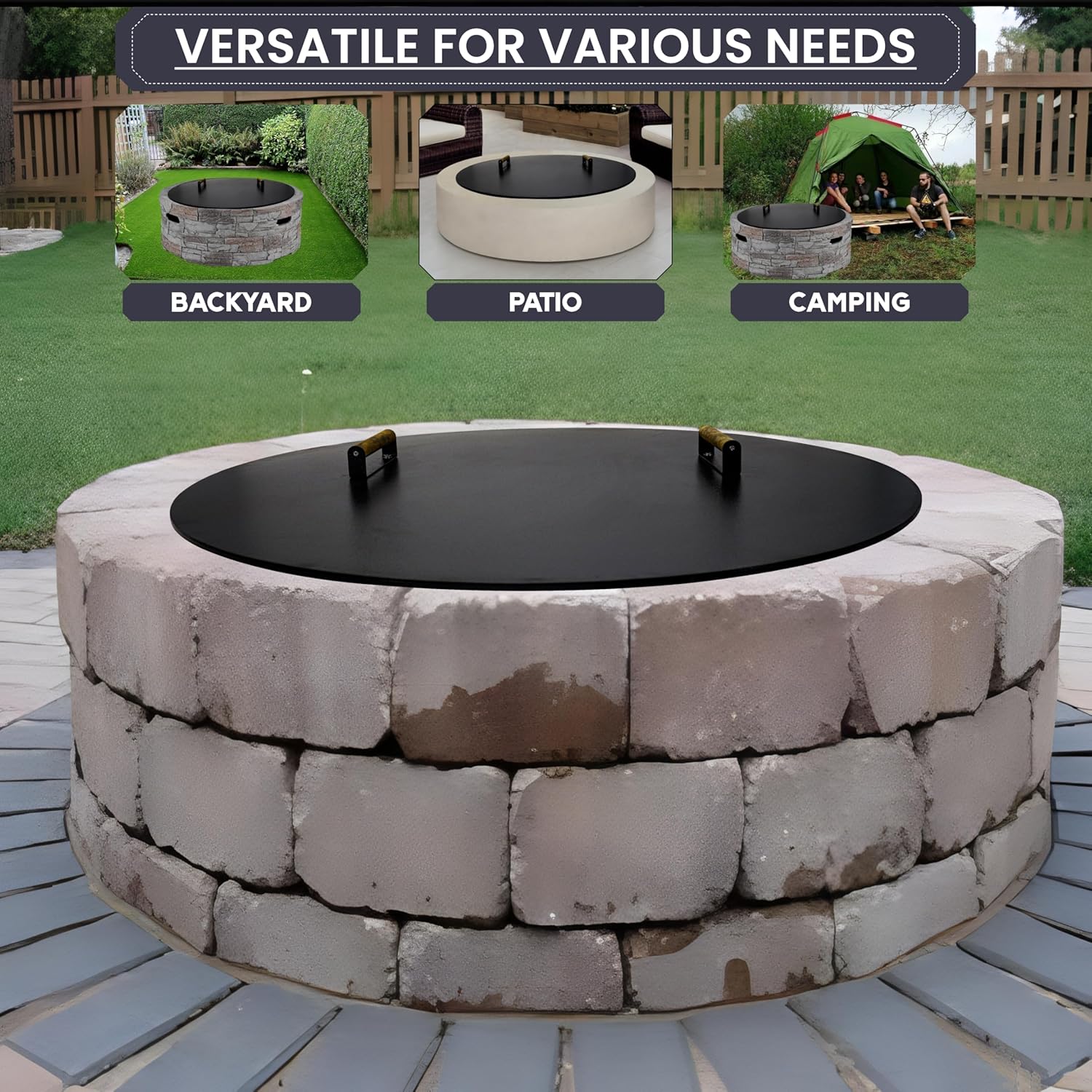 38” Fire Pit Cover Lid Round - Fit for 36” Round Fire Pit Lid for Outdoor Fireplace Cover Lid Steel fire Pit Metal Cover W/ 2 Wooden Handles & Heat Resistant Snuffer Lid for Patio Fire Pit Ring