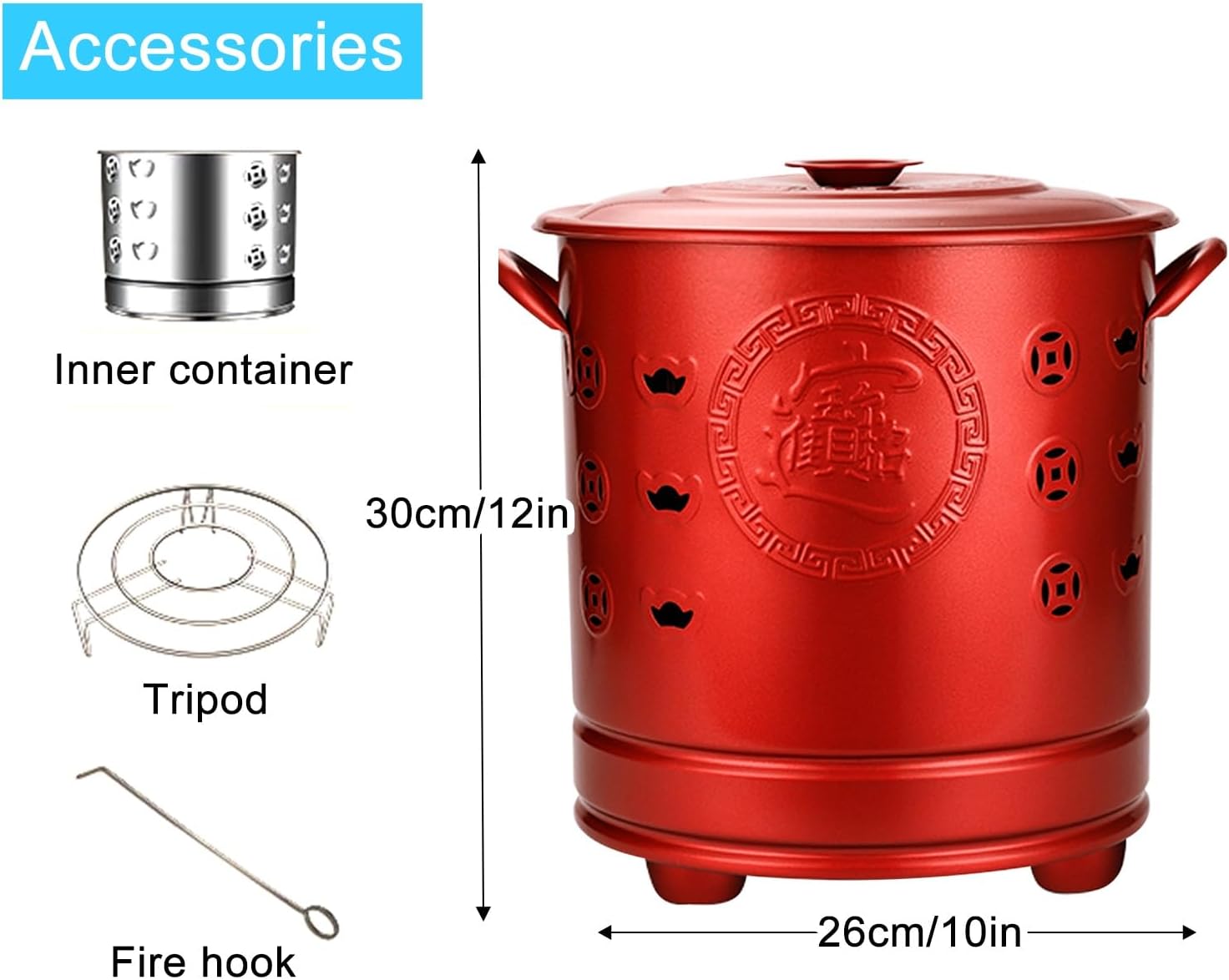 Burn Barrels for Outside for Burning Trash, Firepits, Including Grid Frame, Fire Hook, Liner, for Leaves Trash Camping Bonfire(Red,26cm/10in)