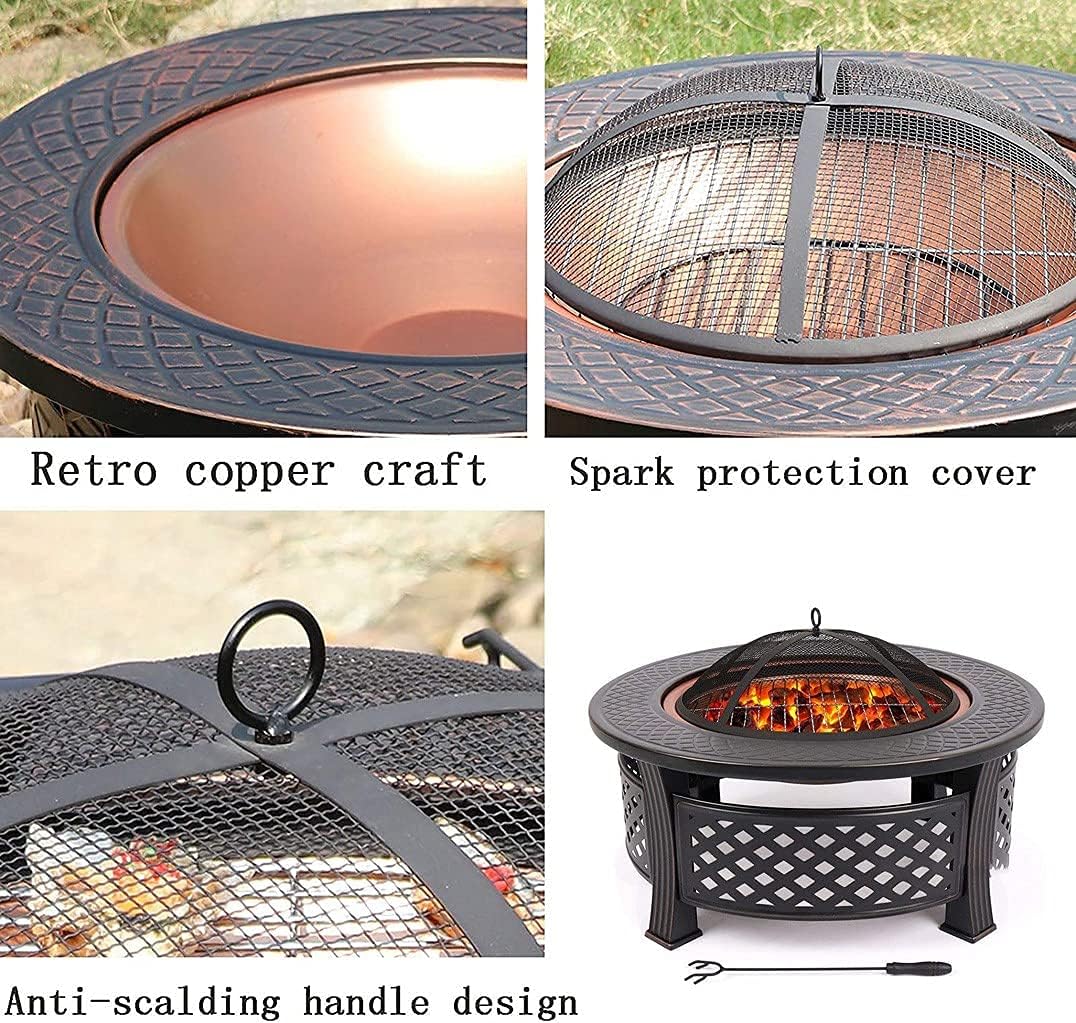 Outdoor fire Pit Bowl with Spark Screen, Firepits and Firebowls with Lid BBQ Grill Tripod Guard and Cover Round Large Patio Heater, Fire Pits Bowls for Garden Table Wood Burning Cast Iron