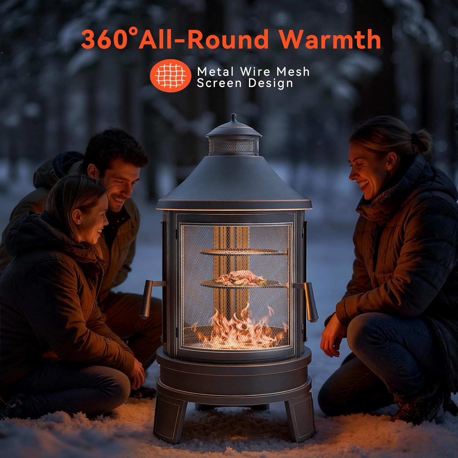 Metal Outdoor Fire Pit for Outside Wood Burning，24 Inch Chiminea Outdoor Fireplace with Adjustable Grill Tray, Spark Screen Door & Fire Poker, for Patio, Garden, Backyard