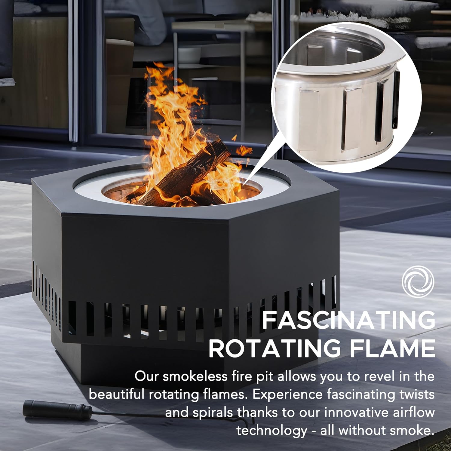 Sunjoy 28 in Smokeless Fire Pit with Removable Ash Pan, Outdoor Portable Hexagonal Wood Burning Fireplace with PVC Cover and Fire Poker,Ideal for Camping, Bonfire, and Backyard, Black