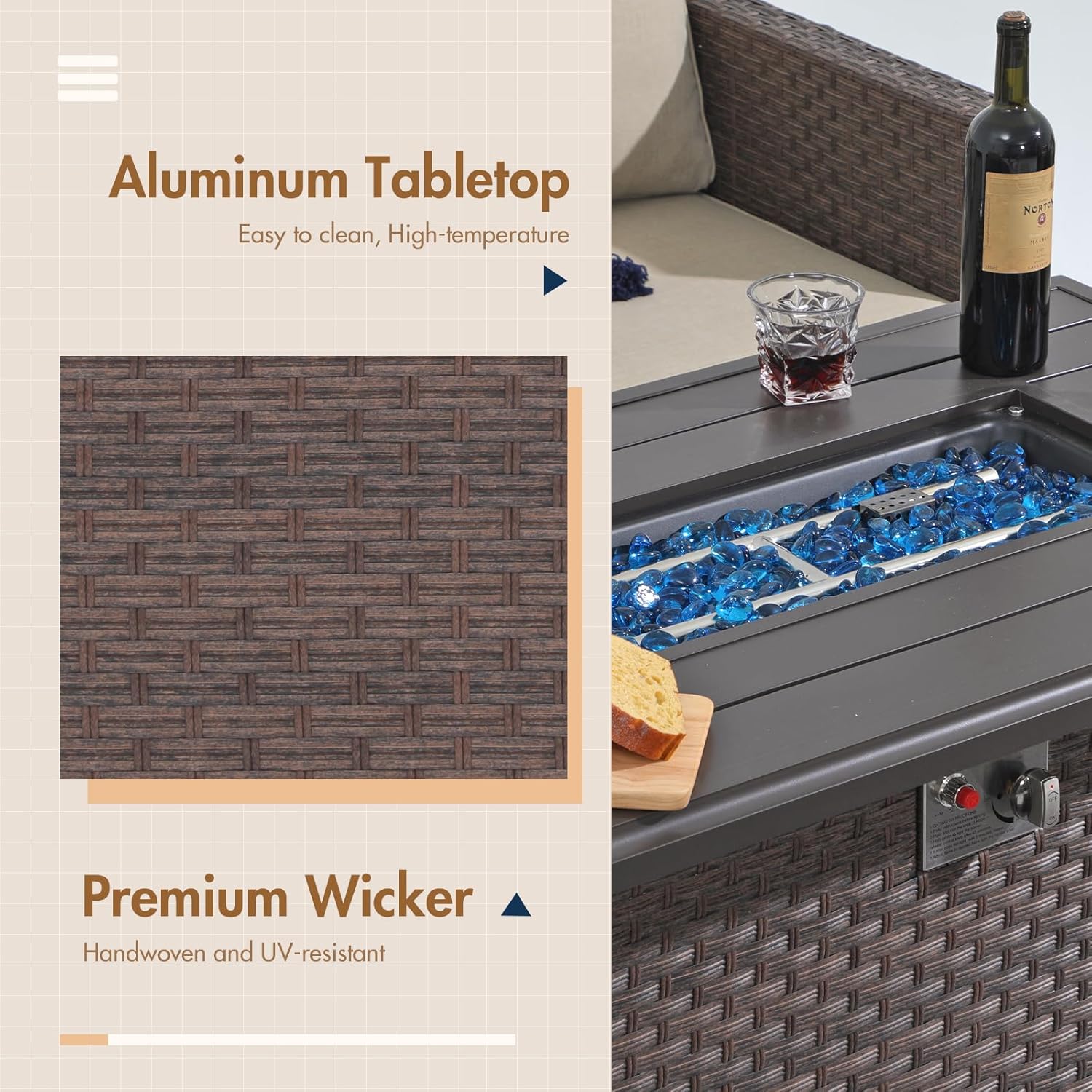 SUNSITT Outdoor Fire Pit Table 43 Inch Wicker Propane Fire Pit with Aluminum Tabletop 50,000 BTU Gas Firepit with Fire Glass, Lid, Cover, Brown Rattan