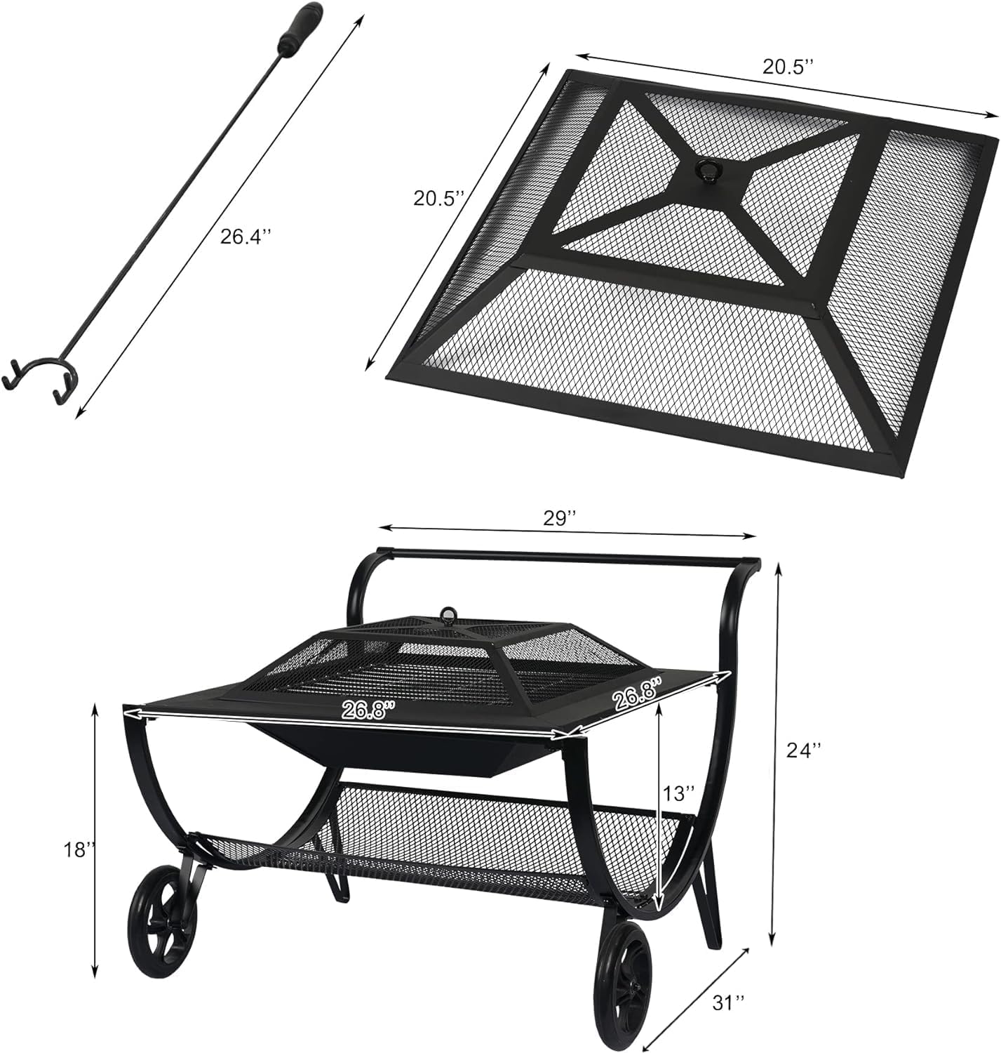 Outdoor Fire Pit with Wheels and Log Rack, Portable Fireplace Wood Burning for Garden, Patio, and Backyard - Includes Mesh Screen and Fire Poker, Fire Pits & Outdoor Fireplaces
