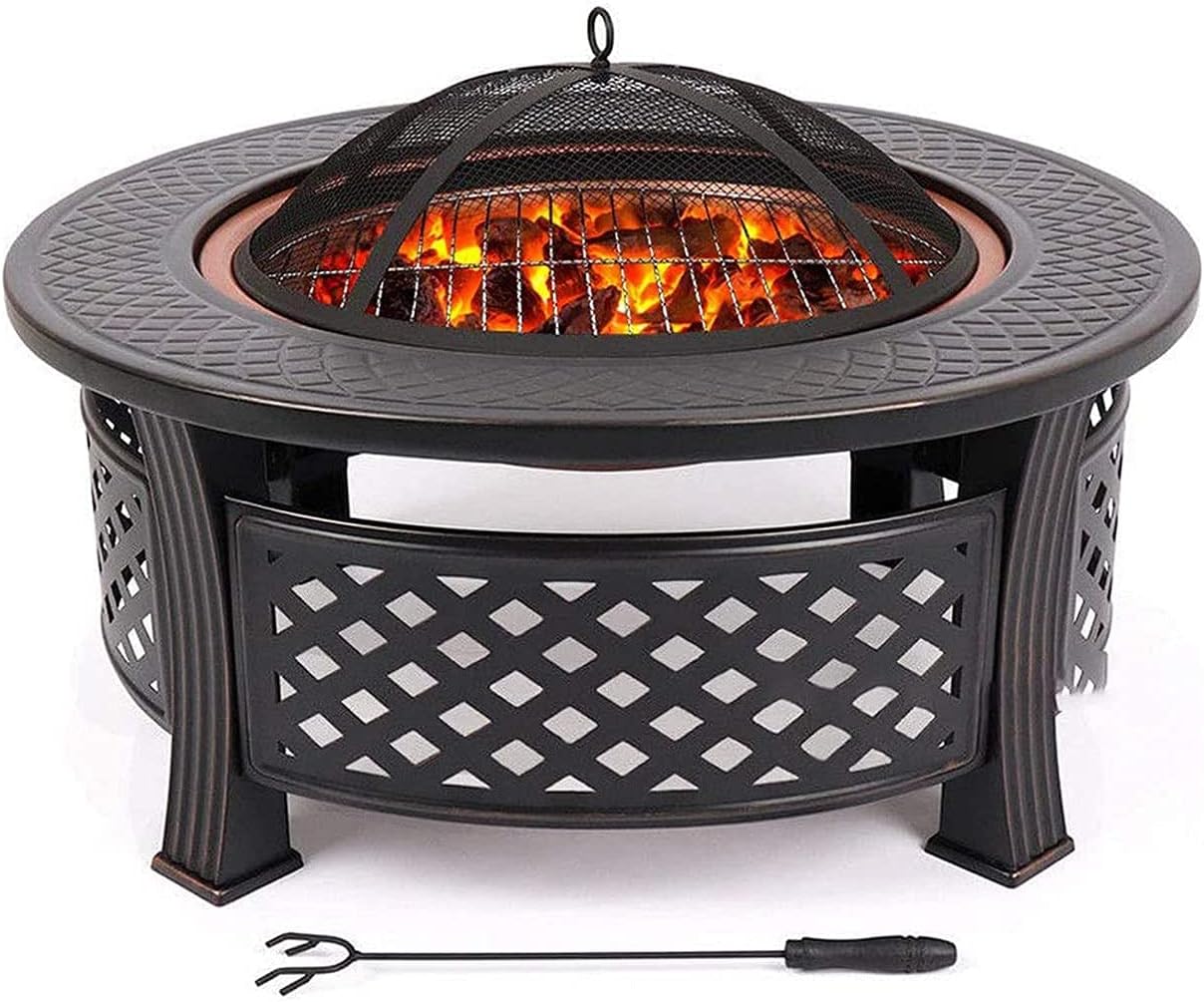 Outdoor fire Pit Bowl with Spark Screen, Firepits and Firebowls with Lid BBQ Grill Tripod Guard and Cover Round Large Patio Heater, Fire Pits Bowls for Garden Table Wood Burning Cast Iron