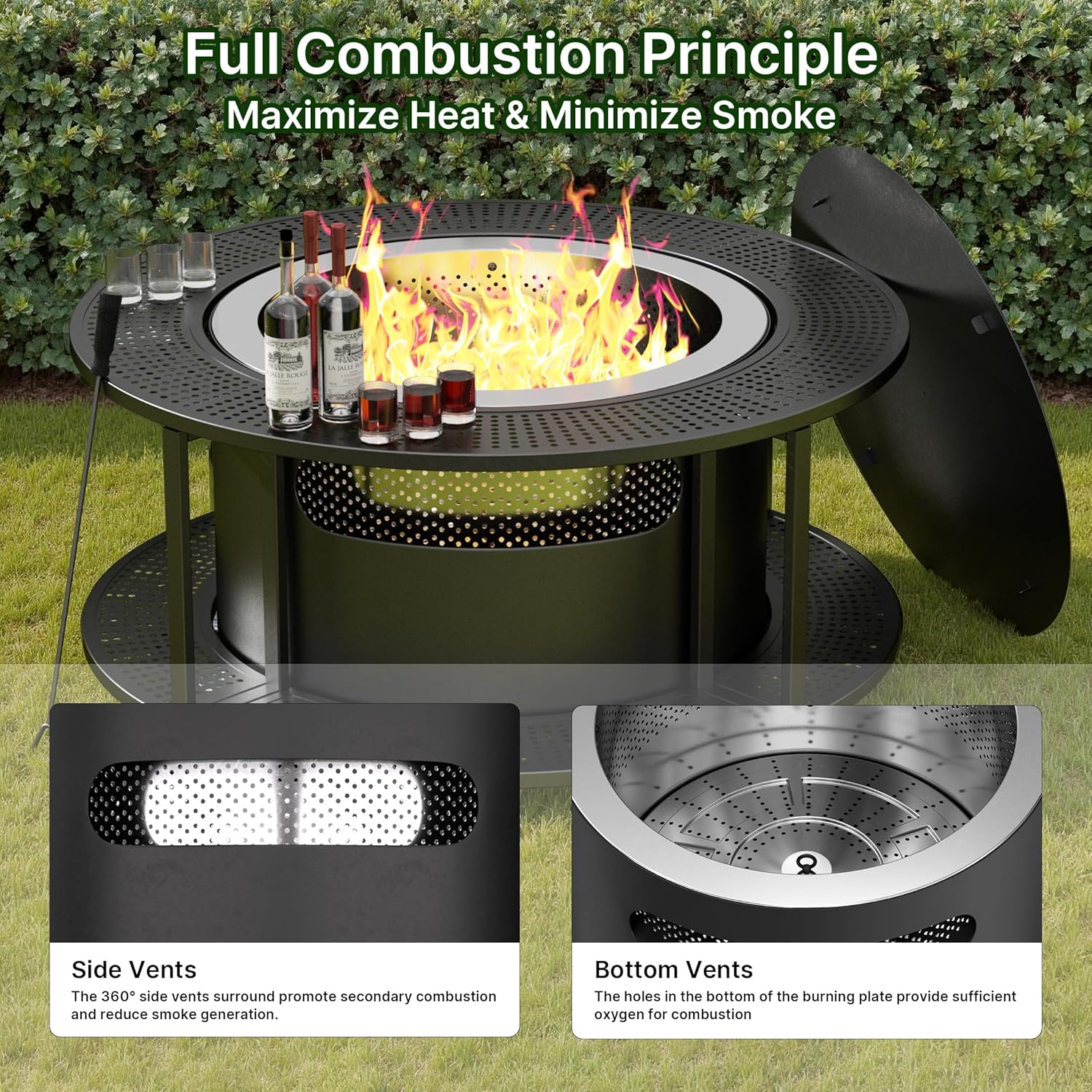 ALAULM 37 Inch Smokeless Fire Pit Tabletop, Stainless Steel Wood Burning Firepit for Outdoor Patio, Includes Weather-Resistant Cover
