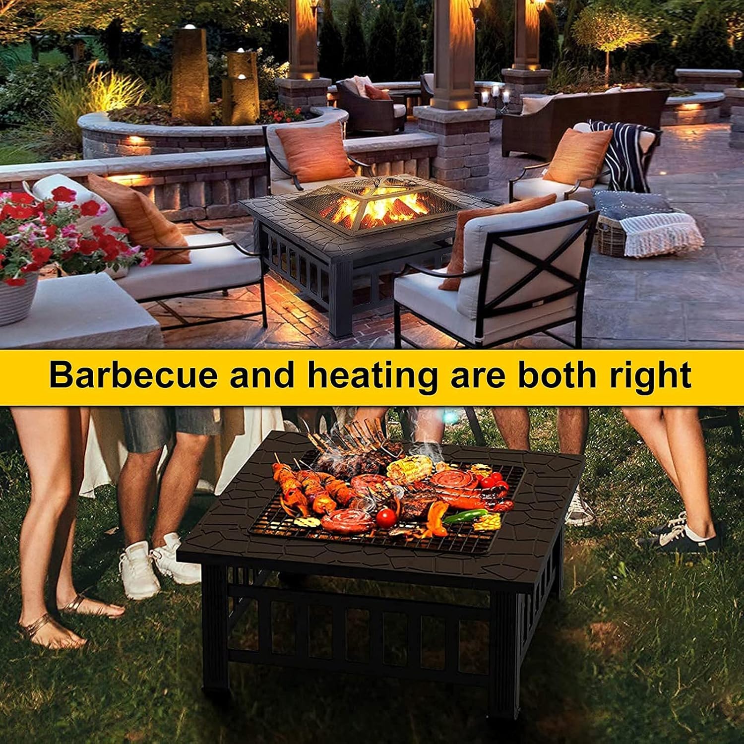 Outdoor Fire Pits with Uprights Rotisserie, Square Firebowls with Grill, 3 in 1 Party BBQ Fire Pit Table/Heaters for Patio Camping Bonfire, with Mesh Cover