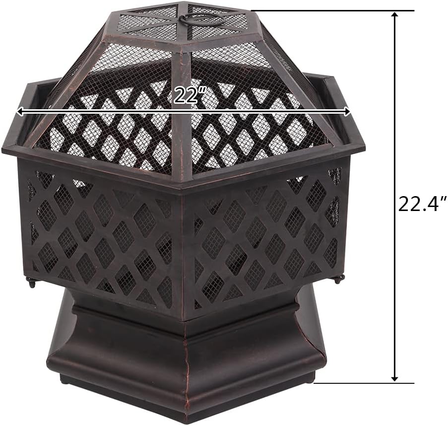 22in Wood Burning Fire Pit, Hex Shaped Iron Brazier Fire Pits with Spark Screen for Bonfire Patio Picnic BBQ