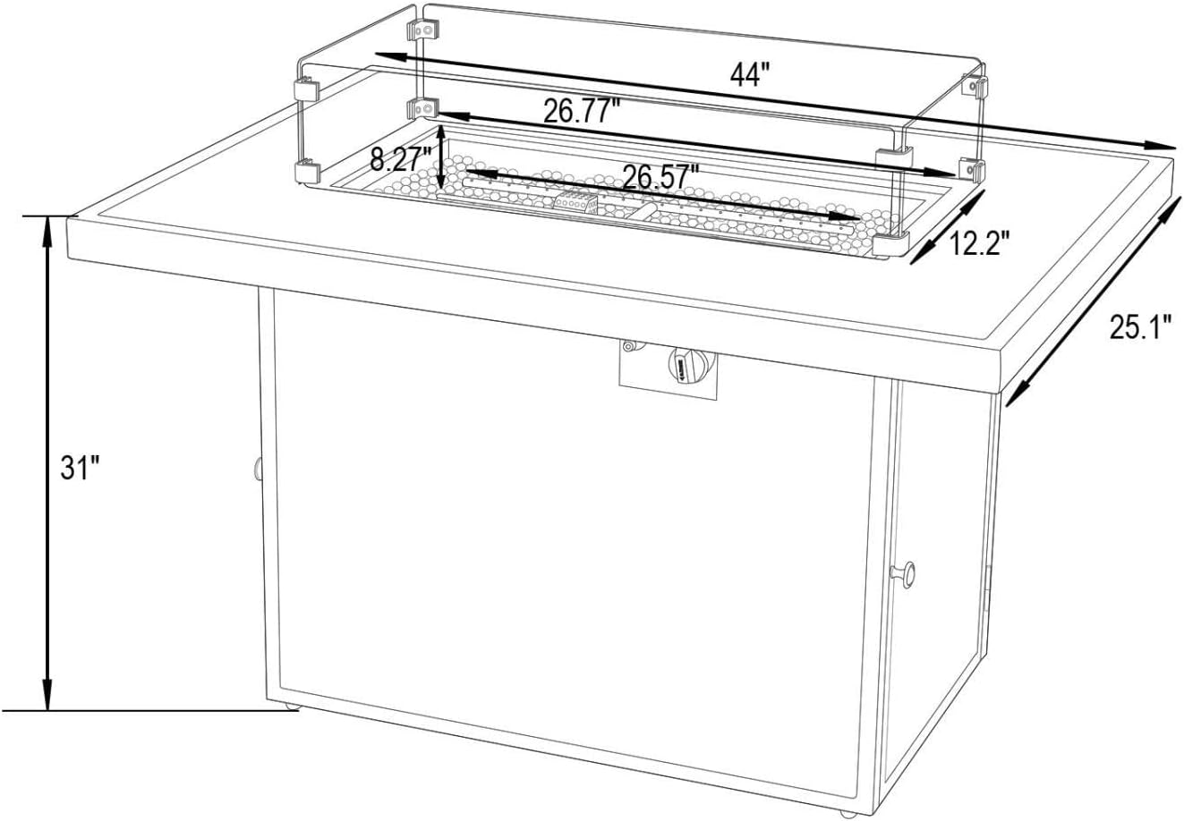 LeisureMod Chelsea Propane Fire Pit 44 Inch 55,000 BTU Auto-Ignition Gas Fire Pit Table with lid, Wind Guard and Decorative Stones Aluminum Frame