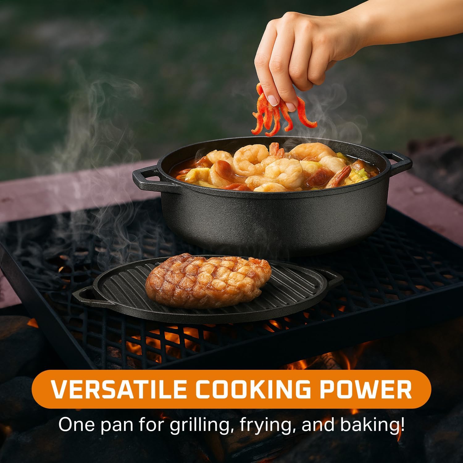 Bruntmor 6.8 Quart Cast Iron Skillet with Reversible Grill Griddle Lid - 3-in-1 Round Cast Iron Pan for Frying, Grilling, Dutch Oven Cooking - Roasting Pan with Lid, Camping Cookware, Black