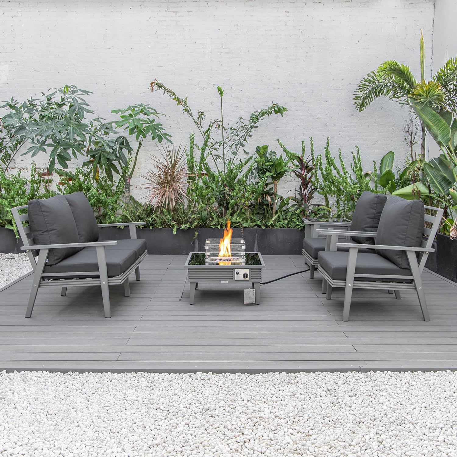 LeisureMod Walbrooke Modern Aluminum 5-Piece Patio Conversation Set with Outdoor Square Fire Pit Slats Design & Side Table Tank Holder, Charcoal