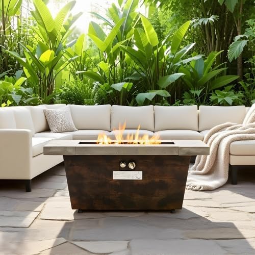 42 Inch Gas Fire Pit Table, Rectangle Fire Pit Table with Cement-Imitating Texture Effect Design, 50000BTU Outdoor Firepit Table for Patio, Backyard, Garden Heating