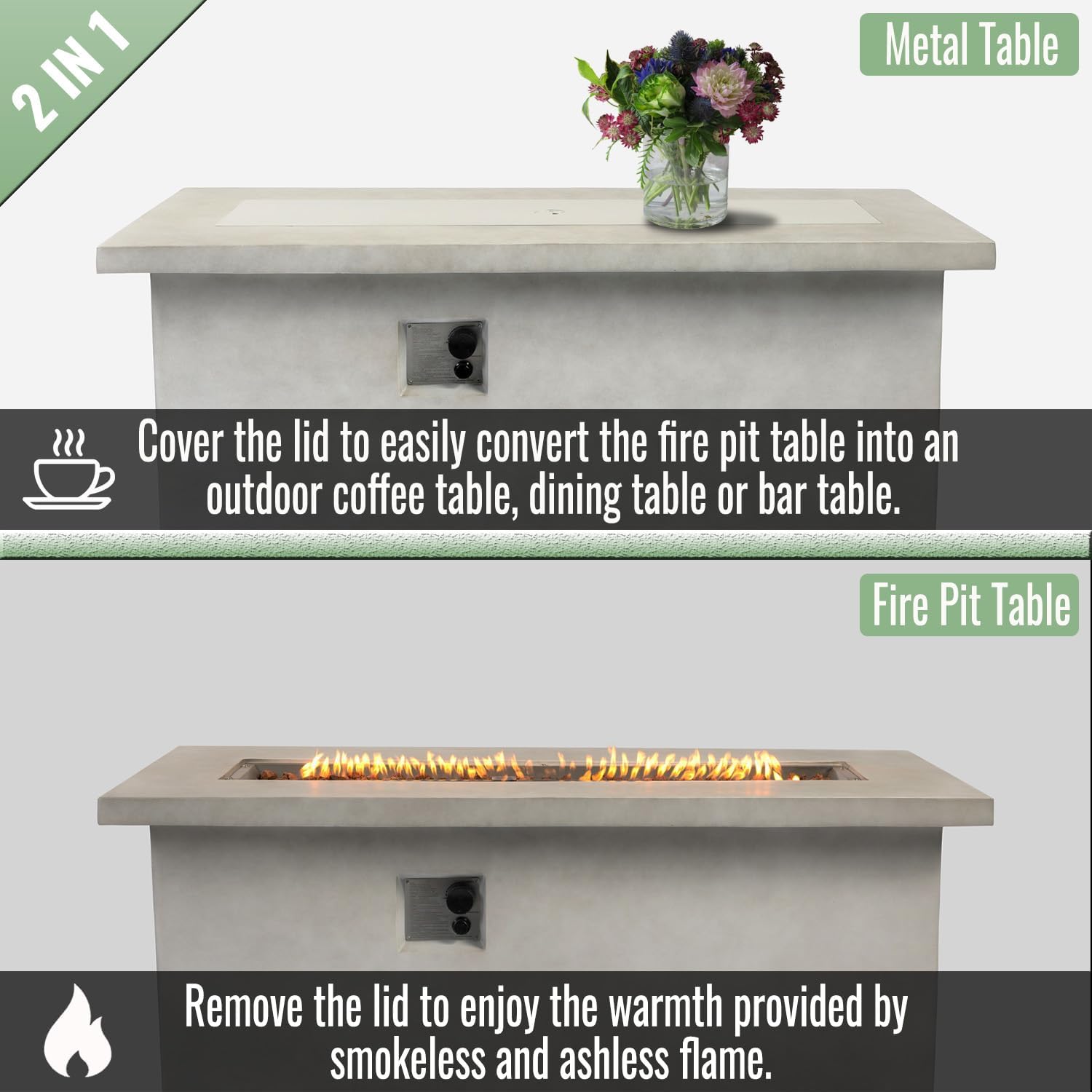 60-inch Outdoor Propane Gas Firepit Table 60000 BTU.Concrete Rectangular Fire Pit for Outdoor Patio,Gardens, Backyards.Removable Lid Outdoor Coffee Table, BBQs Table, Storage Cabinet-Light Grey
