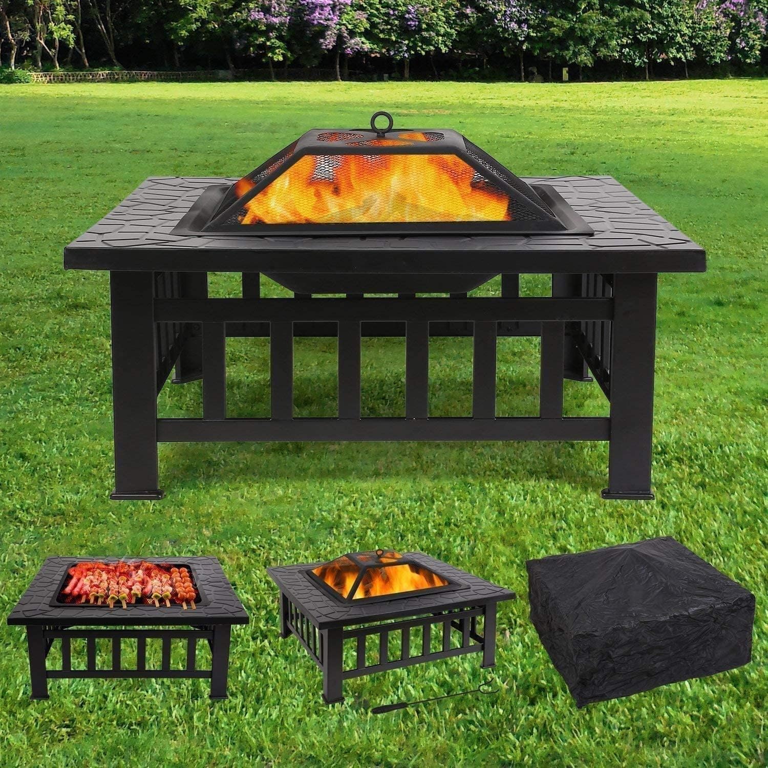 3 in 1 Outdoor Brazier Large Fire Pit Outdoor Metal Brazier Square Table with Waterproof Cover BBQ Grill Shelf Suitable for Camping Bonfire Patio Backyard