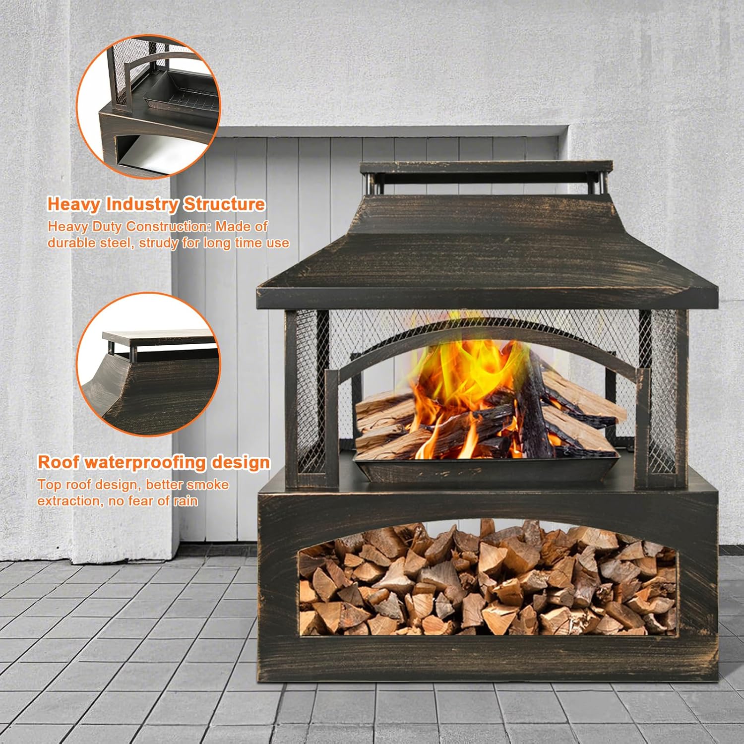 Outdoor Fire Pit Wood Burning Fireplace, Large Log Burner Firepit with Log Grate and Poker, Metal Firepit for Patio Garden Backyard Outside, 37 x 32 x 18 inch
