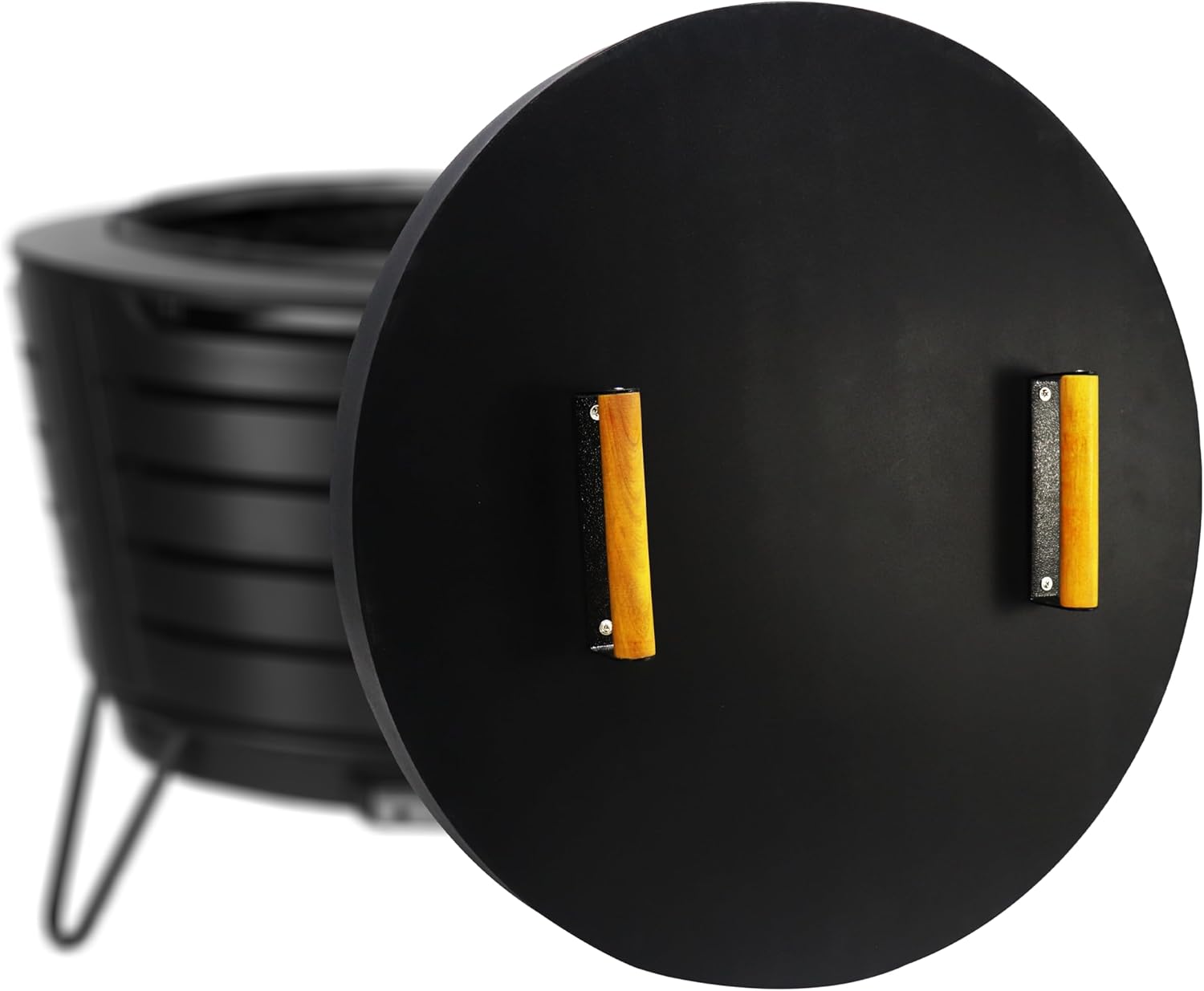 25.5” firepit lid round for inside up to 25” gas fire pit lid for Outdoor Fireplace Cover Lid Steel fire pit metal cover W/ 2 Wooden Handles & Heat Resistant Snuffer Lid for Round Patio Fire Pit Ring