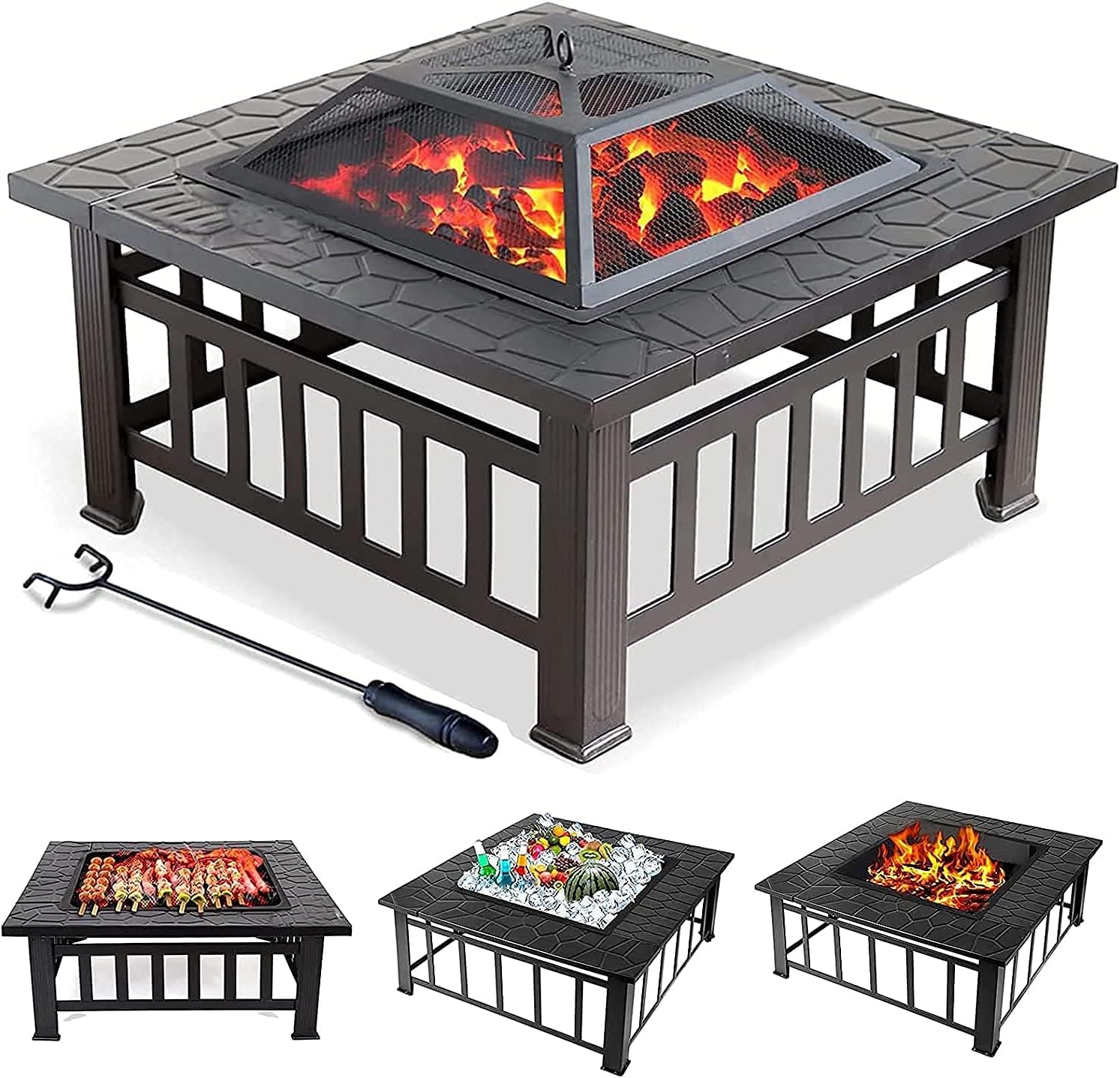 3 in 1 Fire Pit with Rain Cover, Outdoor Metal Brazier Square Table Fire Pit Heater BBQ, Garden Patio Bonfire