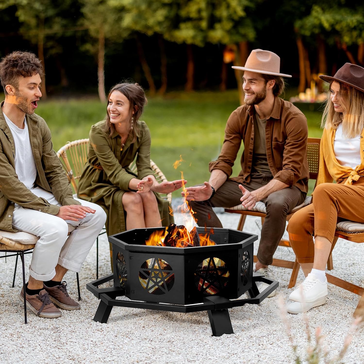 43 Inch Portable Fire Pit with Poker for Patio, Backyard, Garden, Detachable Fire Pits for Outside Wood Burning with Outer Ring, Outdoor Octagonal Metal Firepit for Camping, Heating, Bonfire