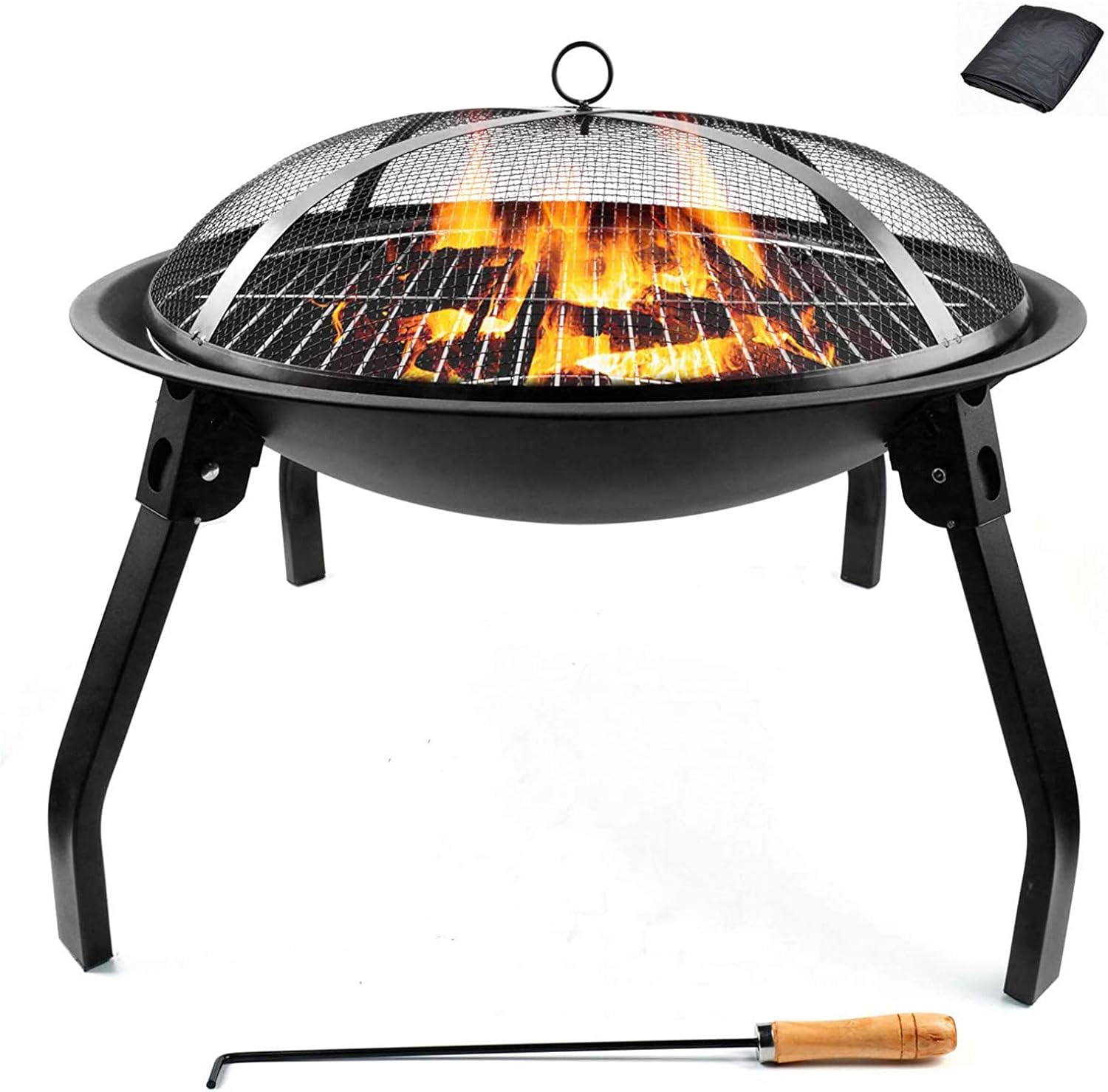 ItzZa Foldable Round Fire Bowl, with Firepalce Poker Waterproof Cover 22 Inch Patio Firepit, Outdoor Camping Fire Pits