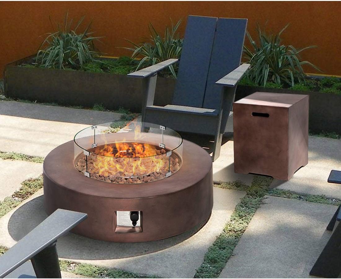 HOMPUS Outdoor Propane Fire Pit Table 42-inch 50,000 BTU Round Bronze Concrete Gas Fire Table w Tank Cover,Wind Guard,Lava Rocks,Rain Cover Smokeless FirePit for Outside Patio,Garden,Deck,Backyard
