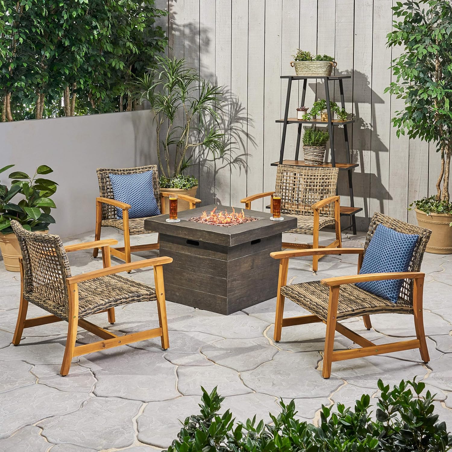 GDFStudio Outdoor 5 Piece Wood and Wicker Club Chairs and Fire Pit Set, Gray and Brown