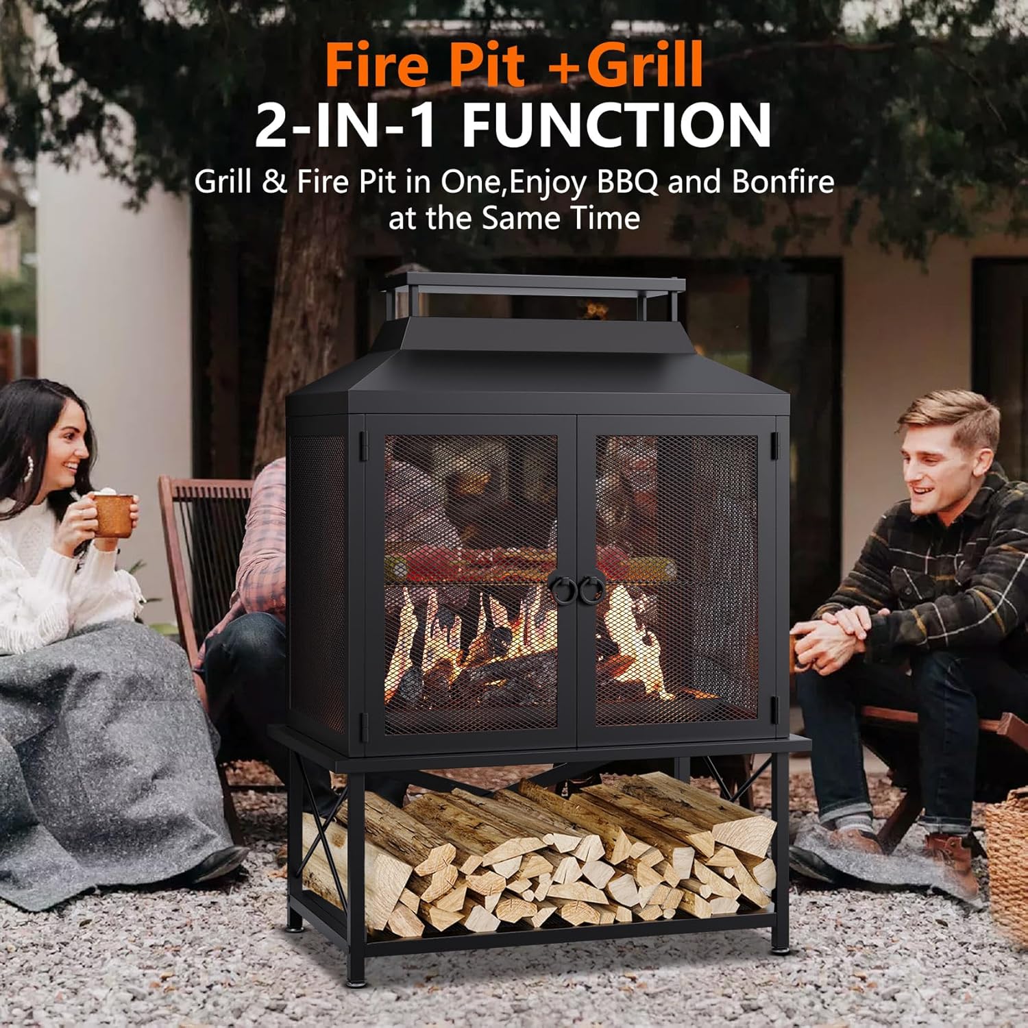 2-in-1 Metal Chiminea Fireplace with Grill,Wood Burning Outdoor Fireplace with Wood Storage, Chimney,Metal Mesh Spark Screen,and Fire Tongs Ideal for Yards,Patios, Gardens,Camping,and Picnics