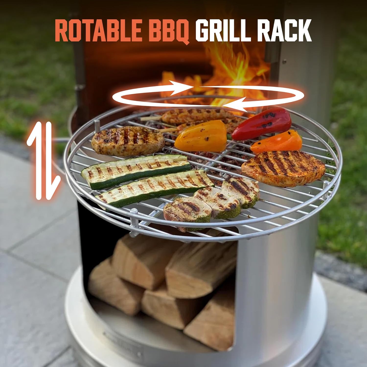 Twin-Walled Chimenea, Modern Stainless Steel Chimenea Fireplace with Wood Storage and Chimney, Outdoor Wood Burning Chiminea with Grill and Spark Screen for Patio and Backyard, 90.6” H