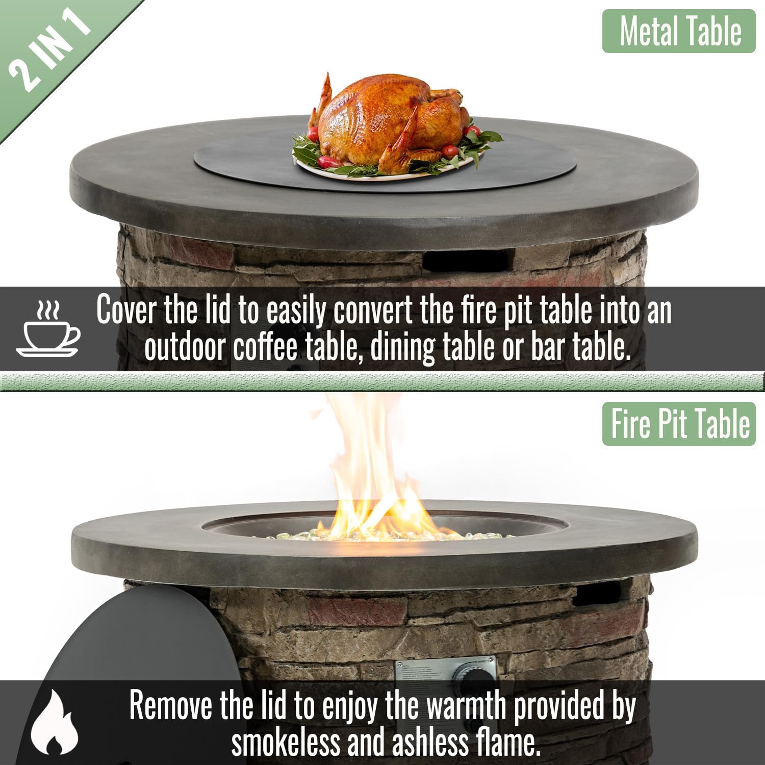 36-Inch Round Propane Fire Pit Table, 50,000 BTU, Stone-Look Base with Metal Top, Hidden Tank Storage
