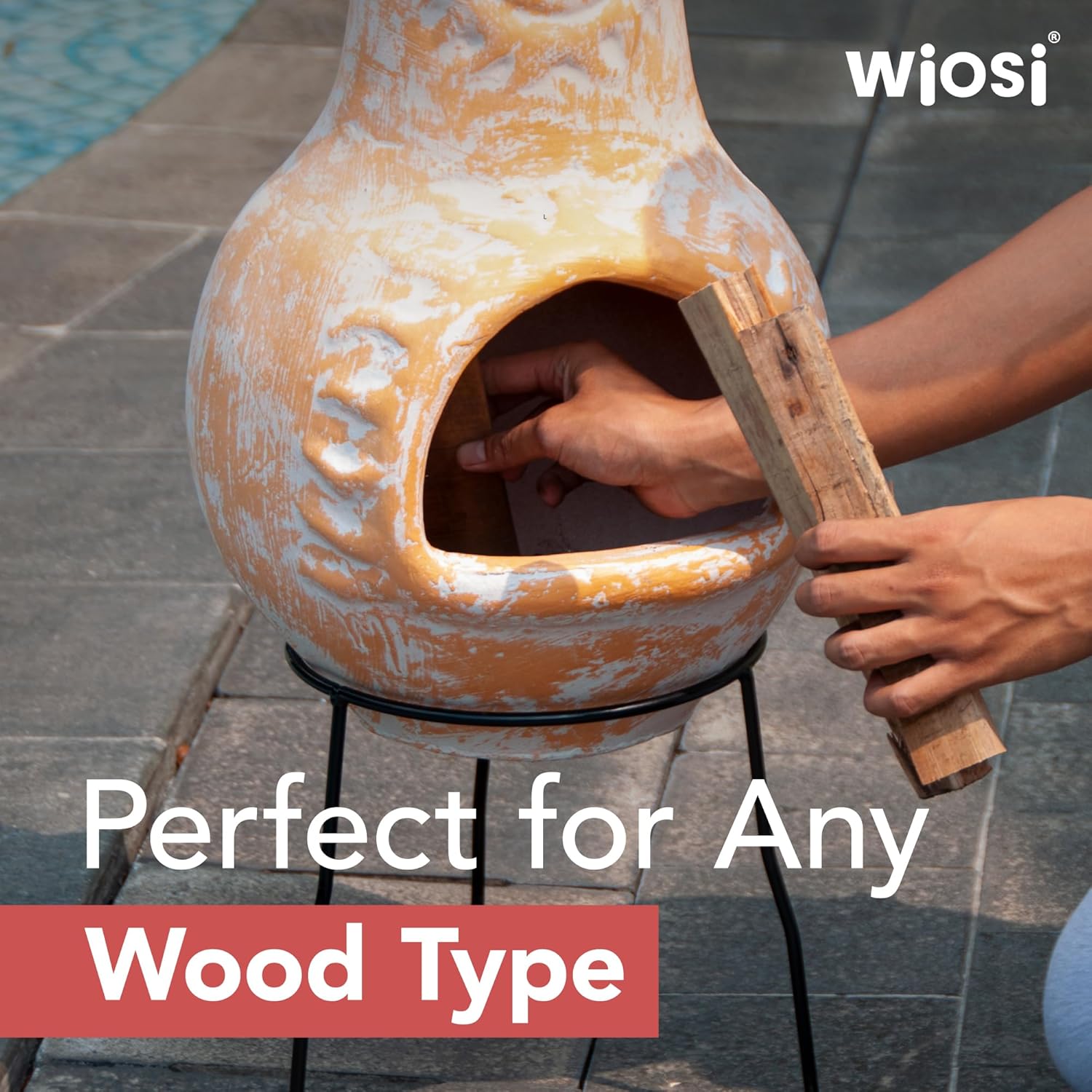 Wiosi Medium 𝗖𝗵𝗶𝗺𝗶𝗻𝗲𝗮 Outdoor Fireplace for Patio Clay Chimineas with Chimney Rain Lids and Solid Metal Stands - Yellow Terracotta Chimenea - Rustic Wooden Fire Pit Chimnea 16 x 16 x 32-inch
